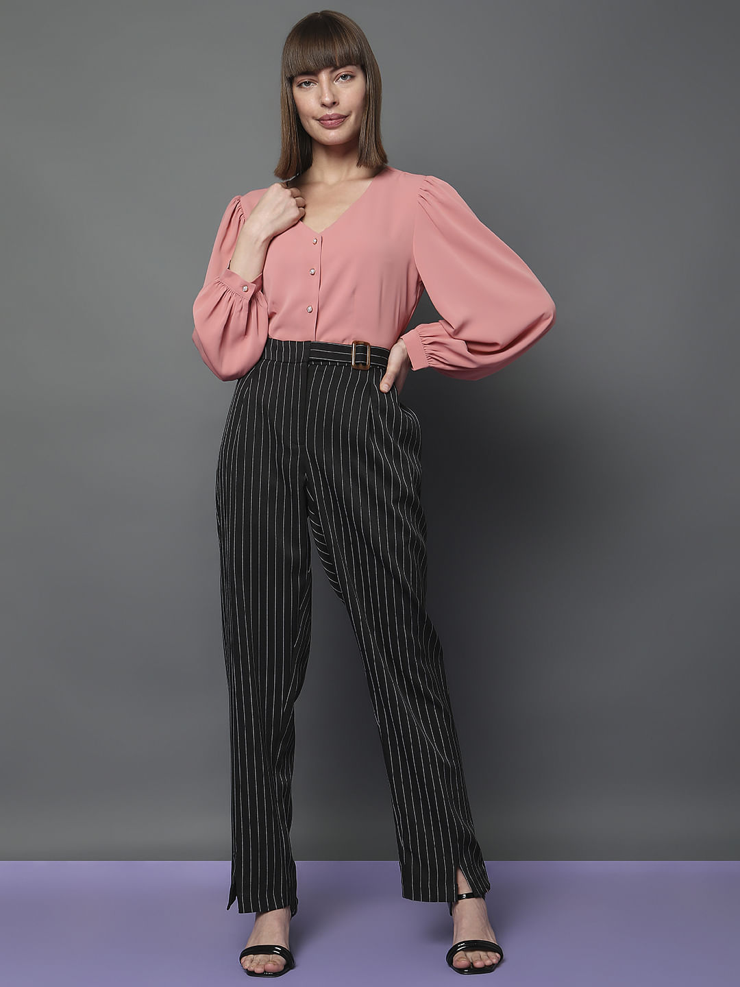 Black High Rise Striped Straight Fit Co-Ord Set Pants