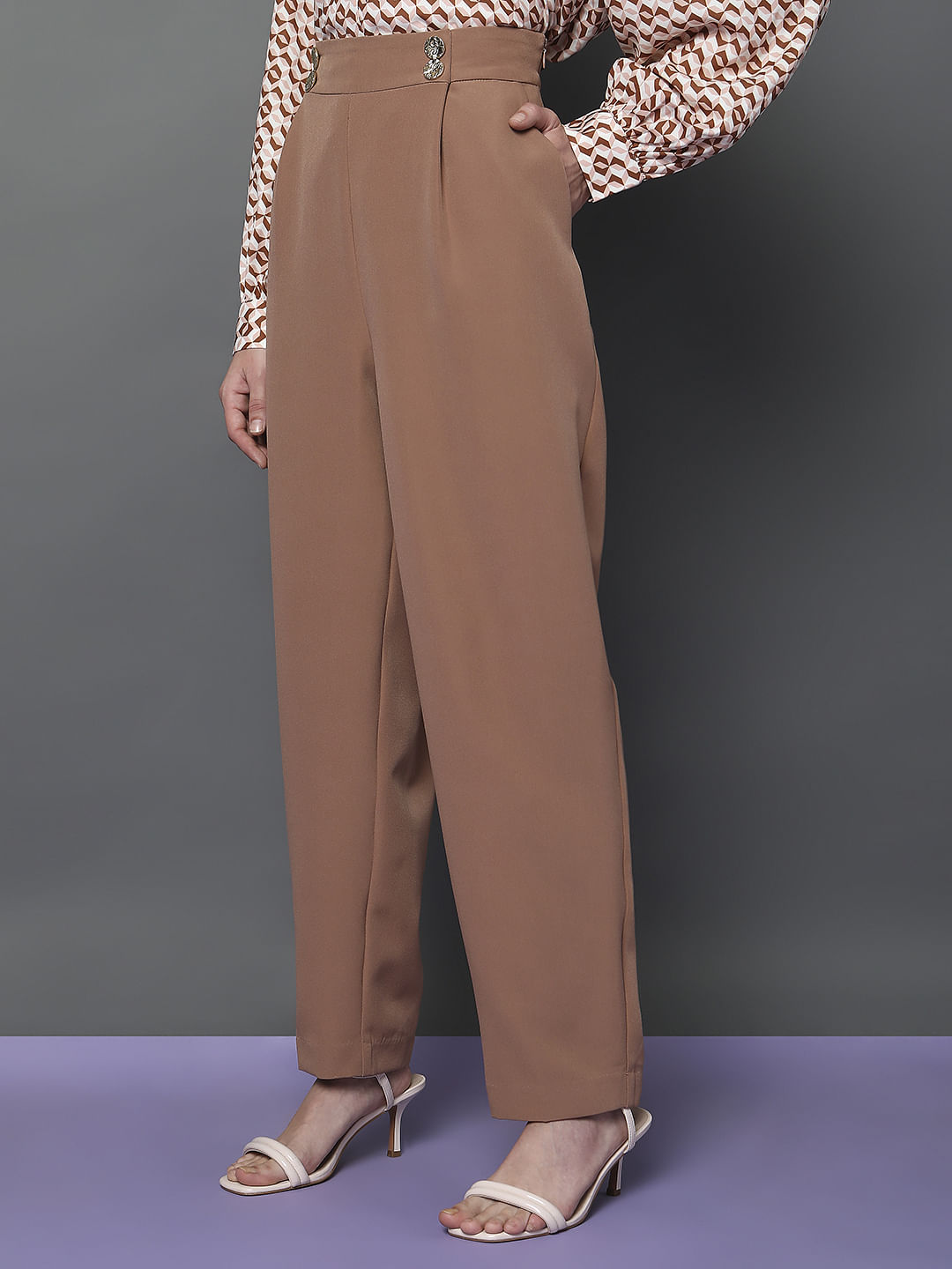 Beige High Rise Straight Fit Pants