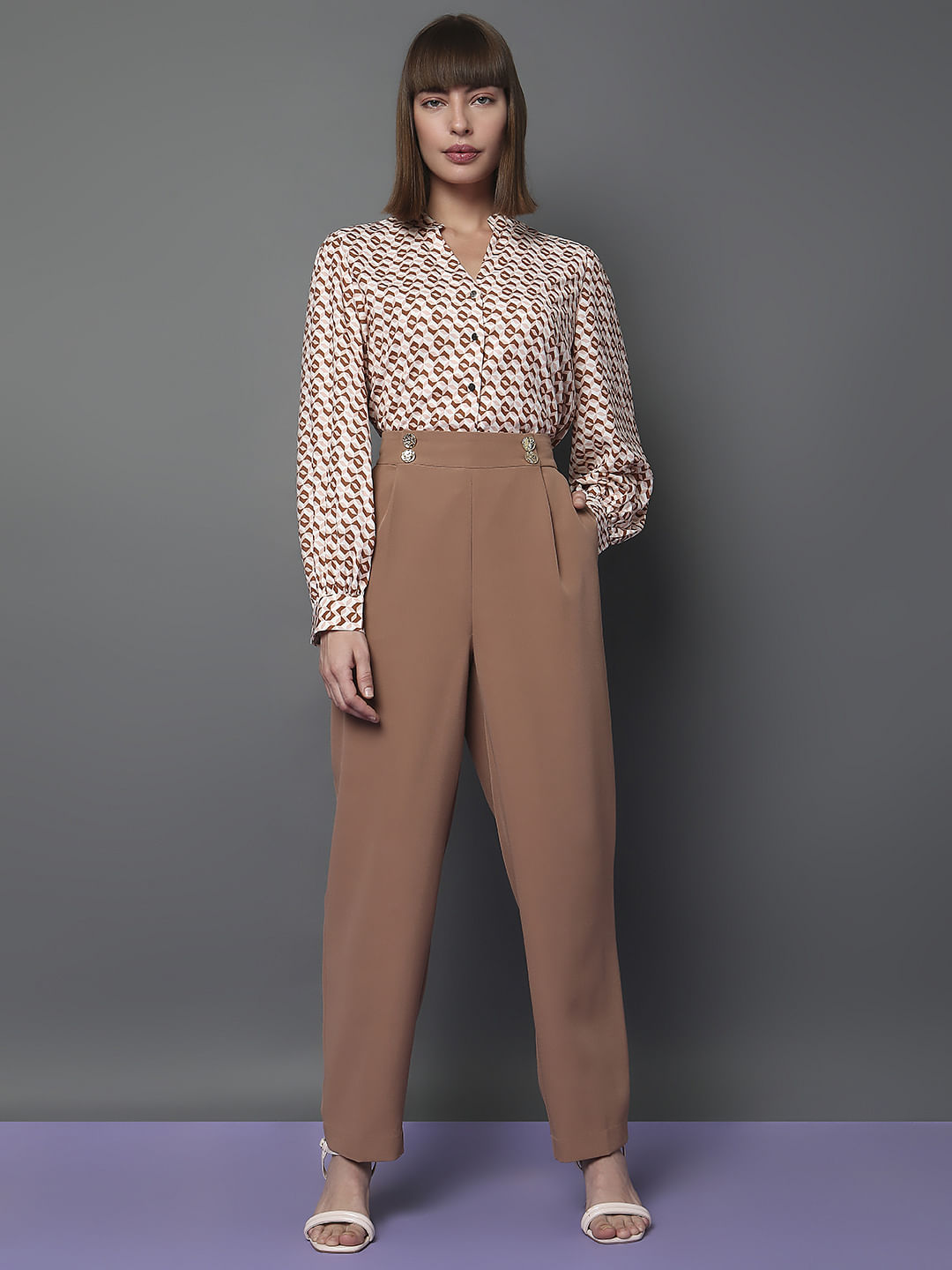 Beige High Rise Straight Fit Pants