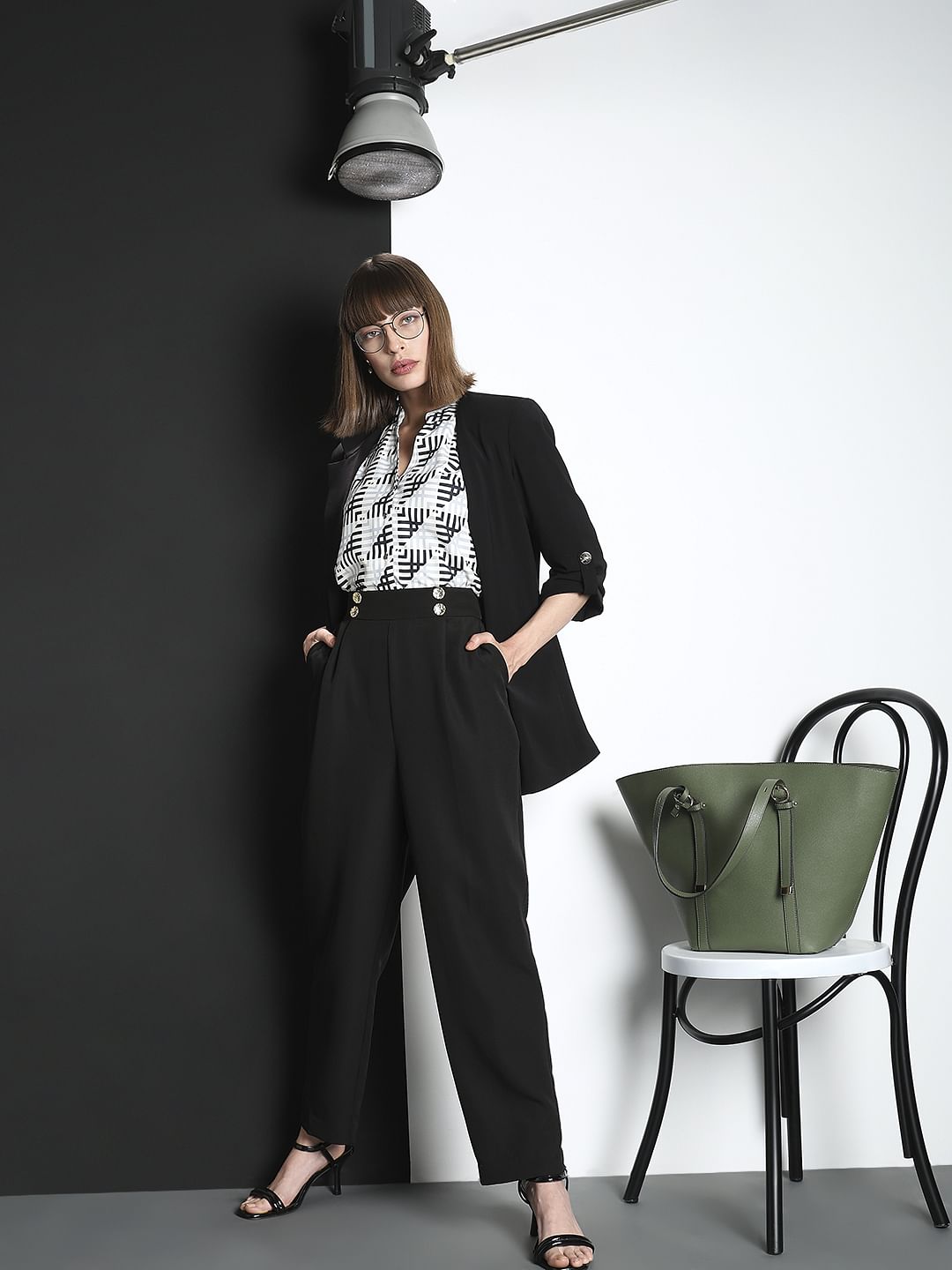 Black High Rise Straight Fit Pants