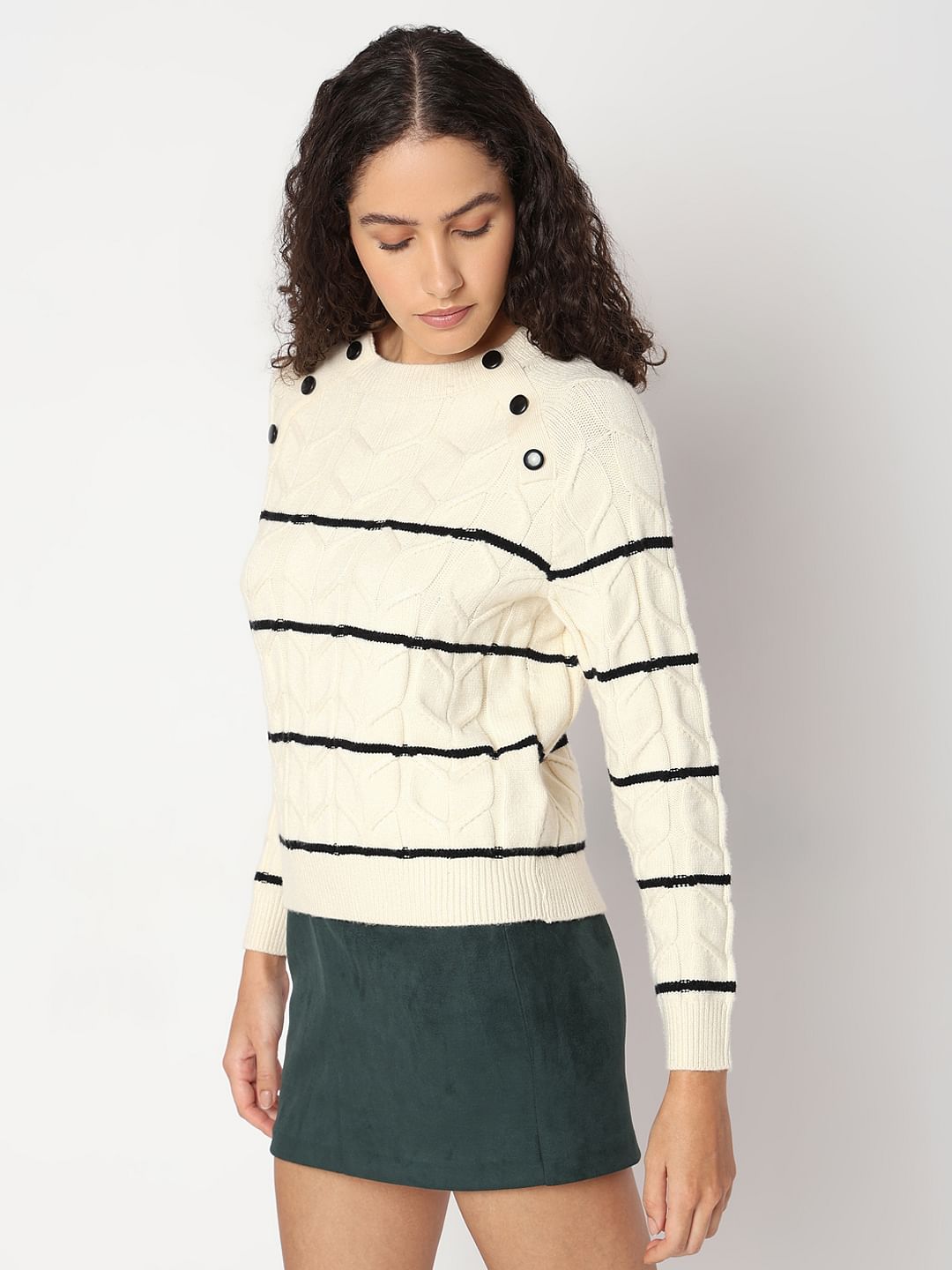 Ecru Raglan Striped Knitted Pullover