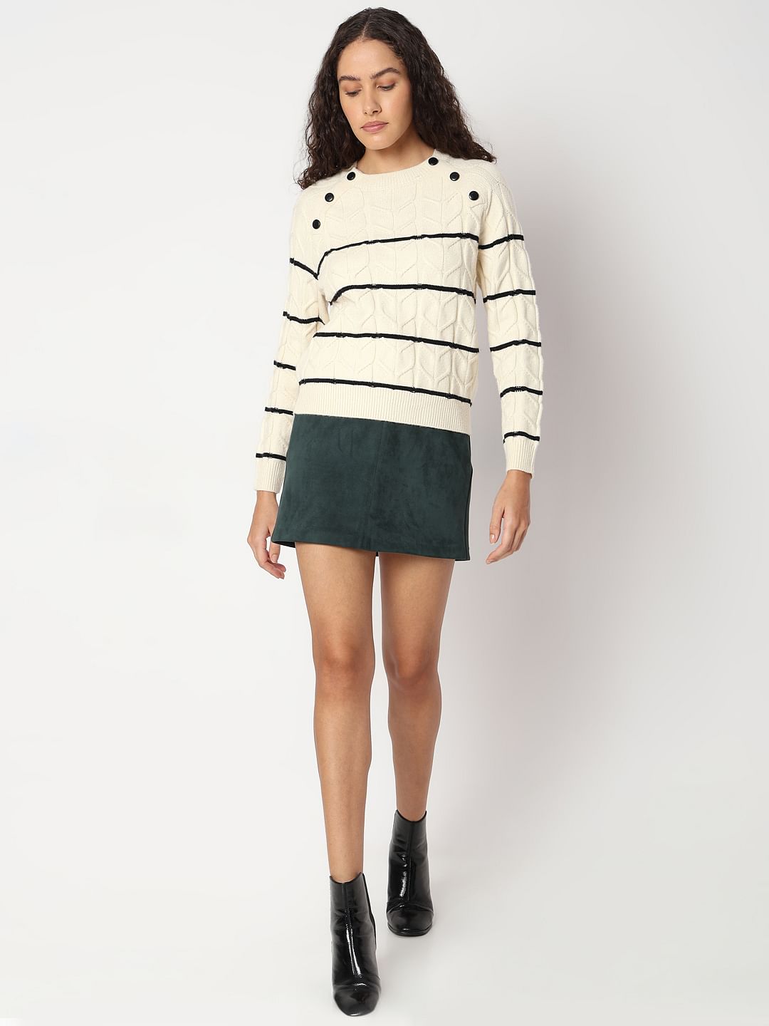 Ecru Raglan Striped Knitted Pullover