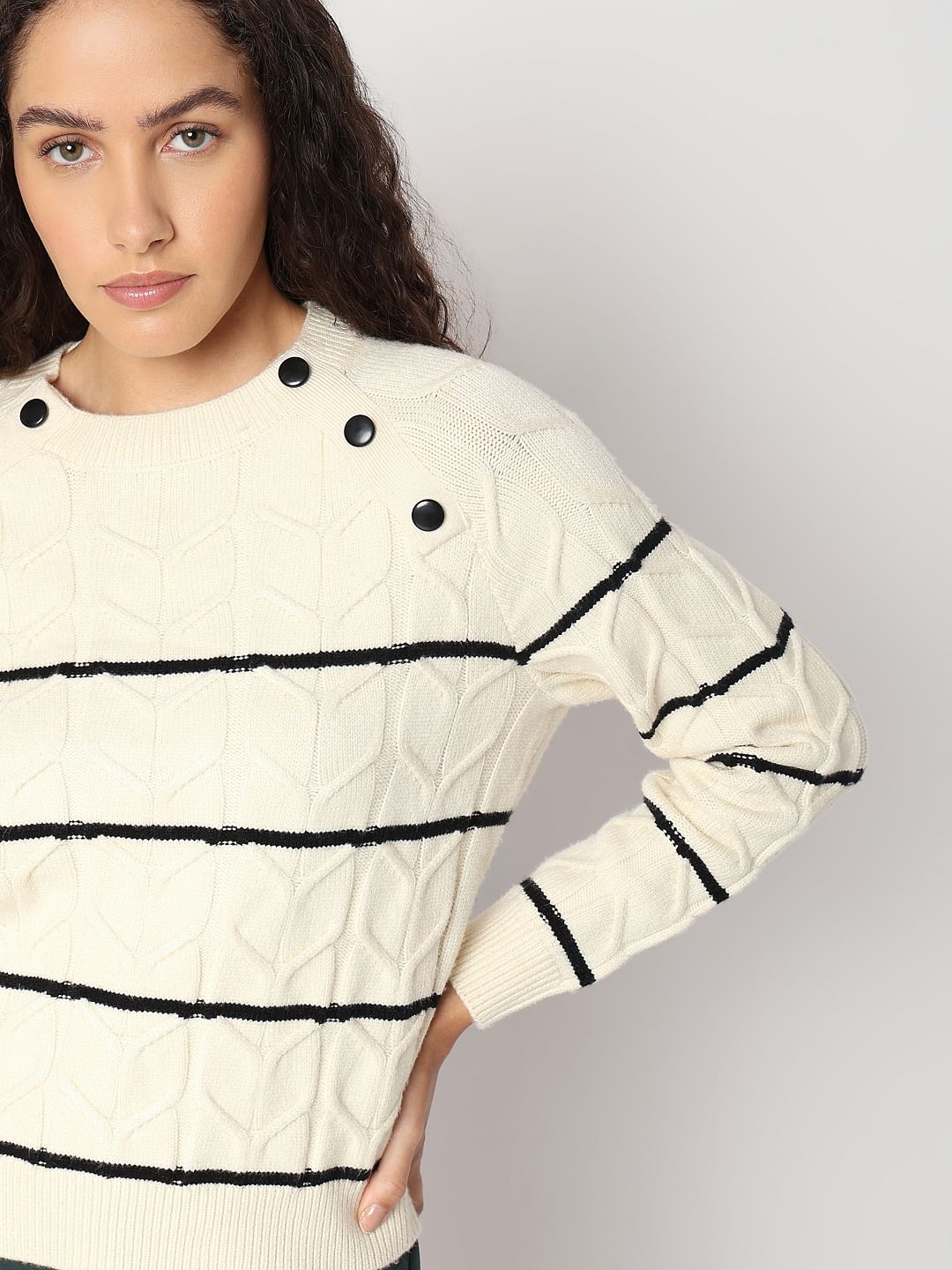 Ecru Raglan Striped Knitted Pullover