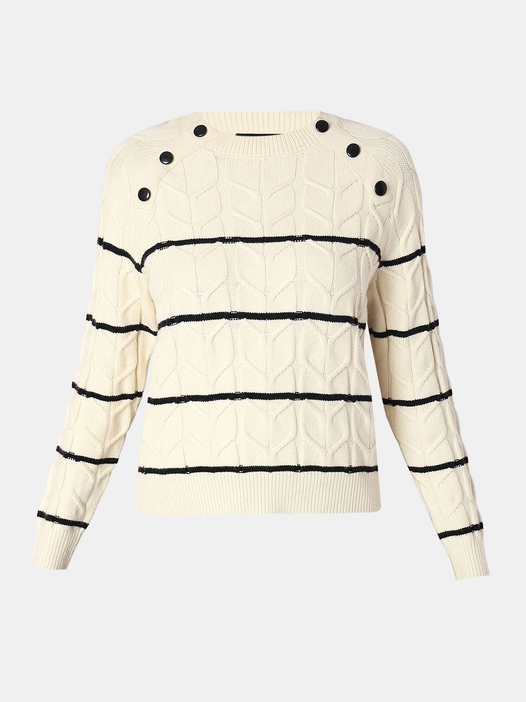 Ecru Raglan Striped Knitted Pullover