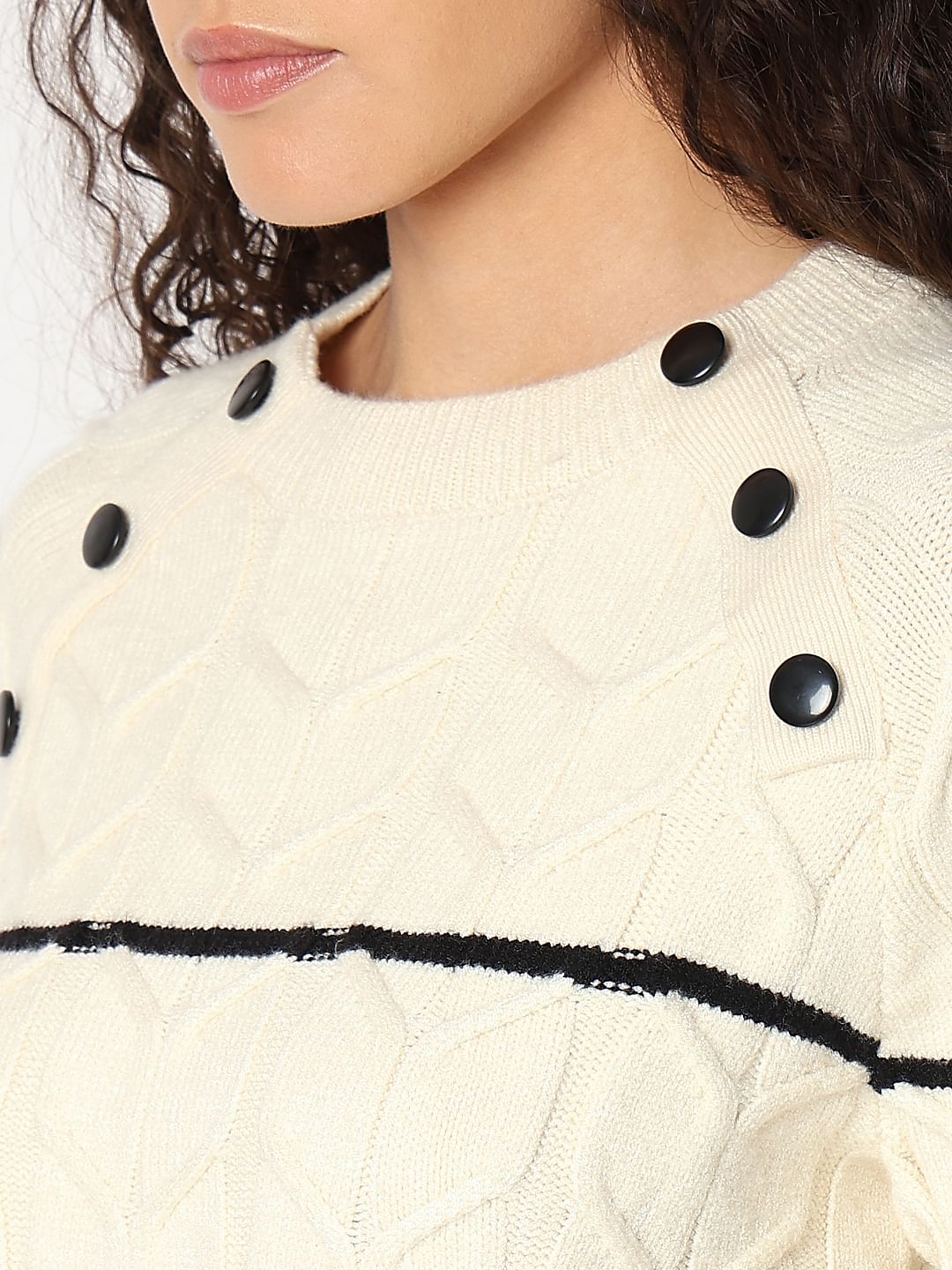 Ecru Raglan Striped Knitted Pullover