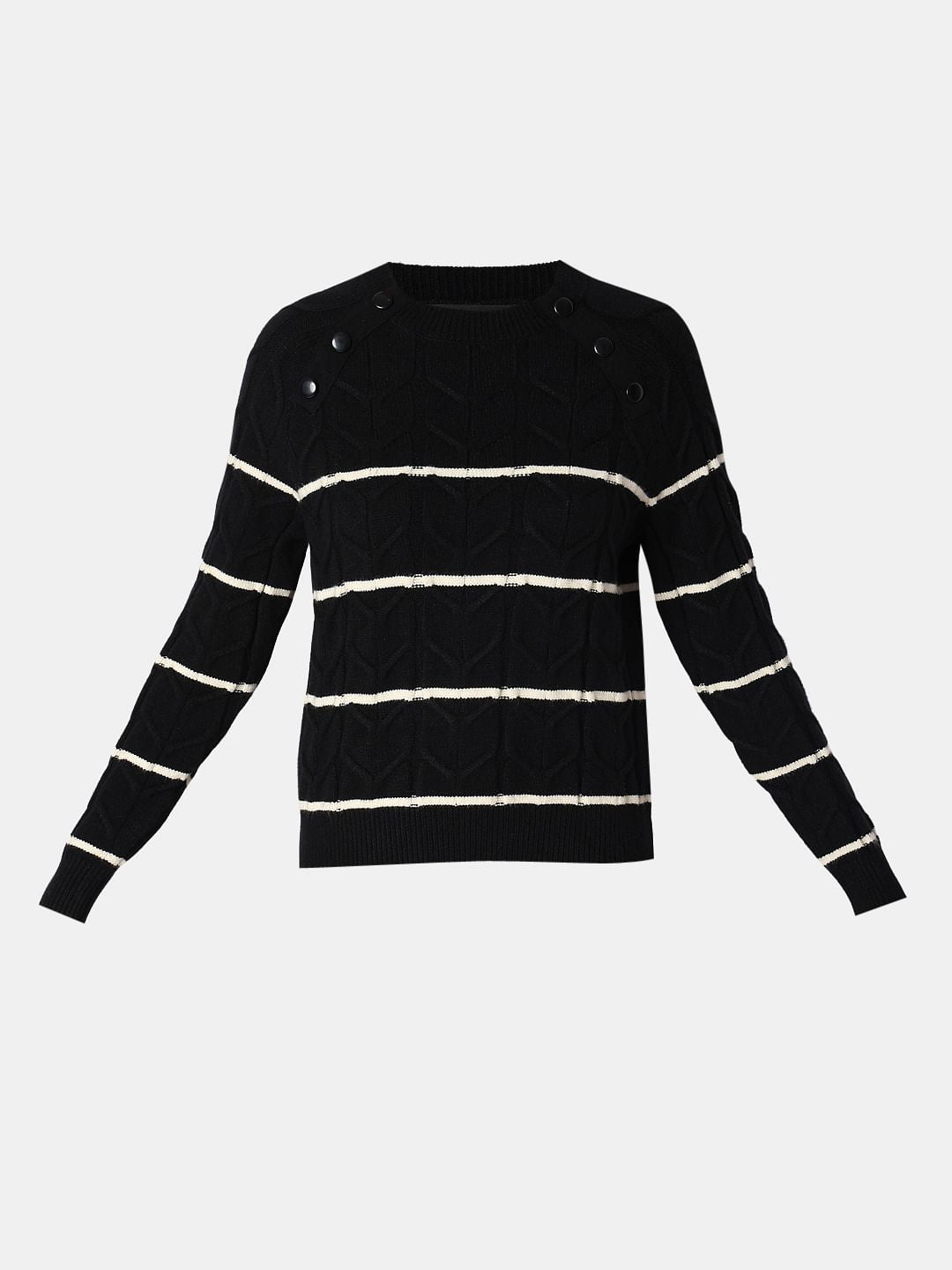 Black Raglan Striped Knitted Pullover