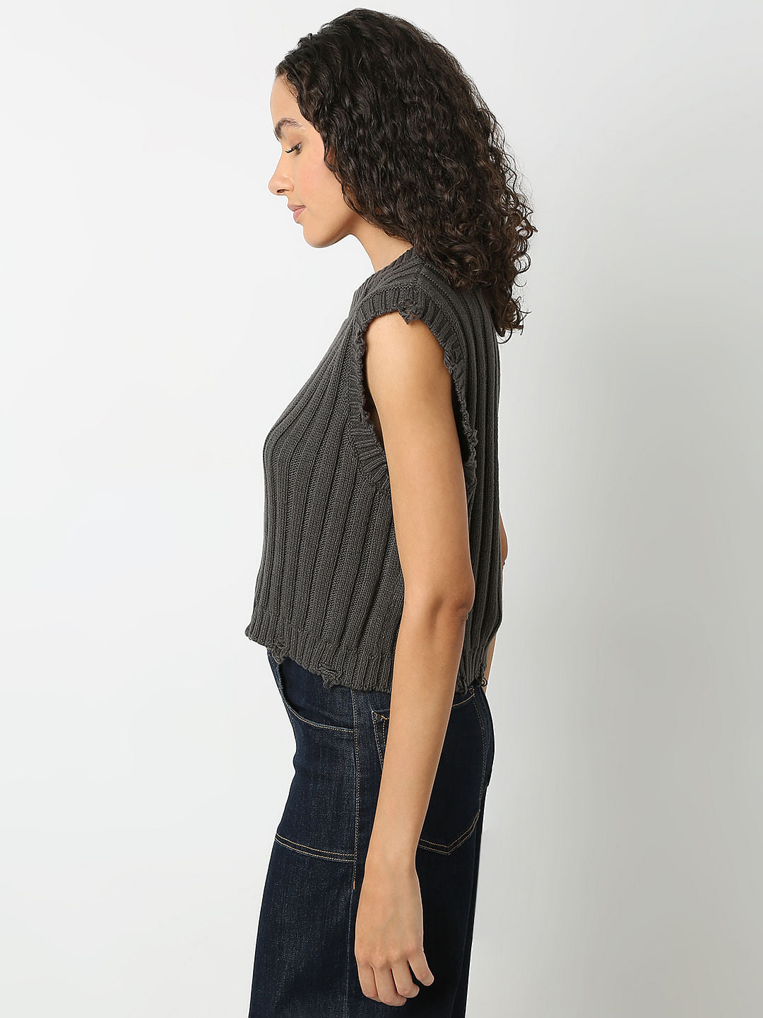 Dark Grey Self Textured Knitted Top