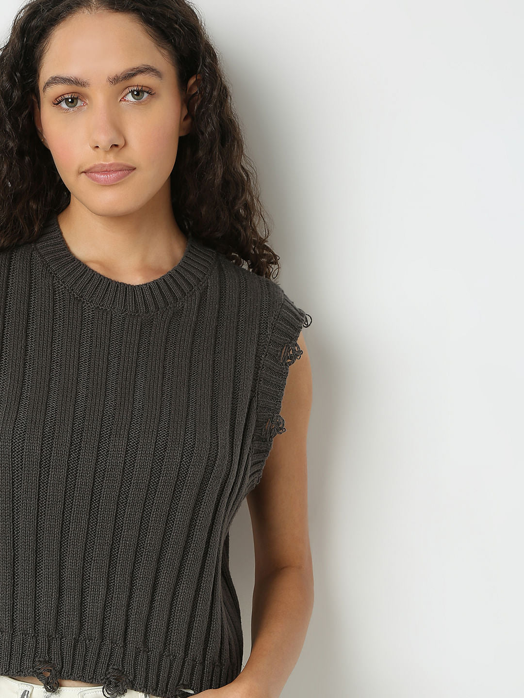 Dark Grey Self Textured Knitted Top
