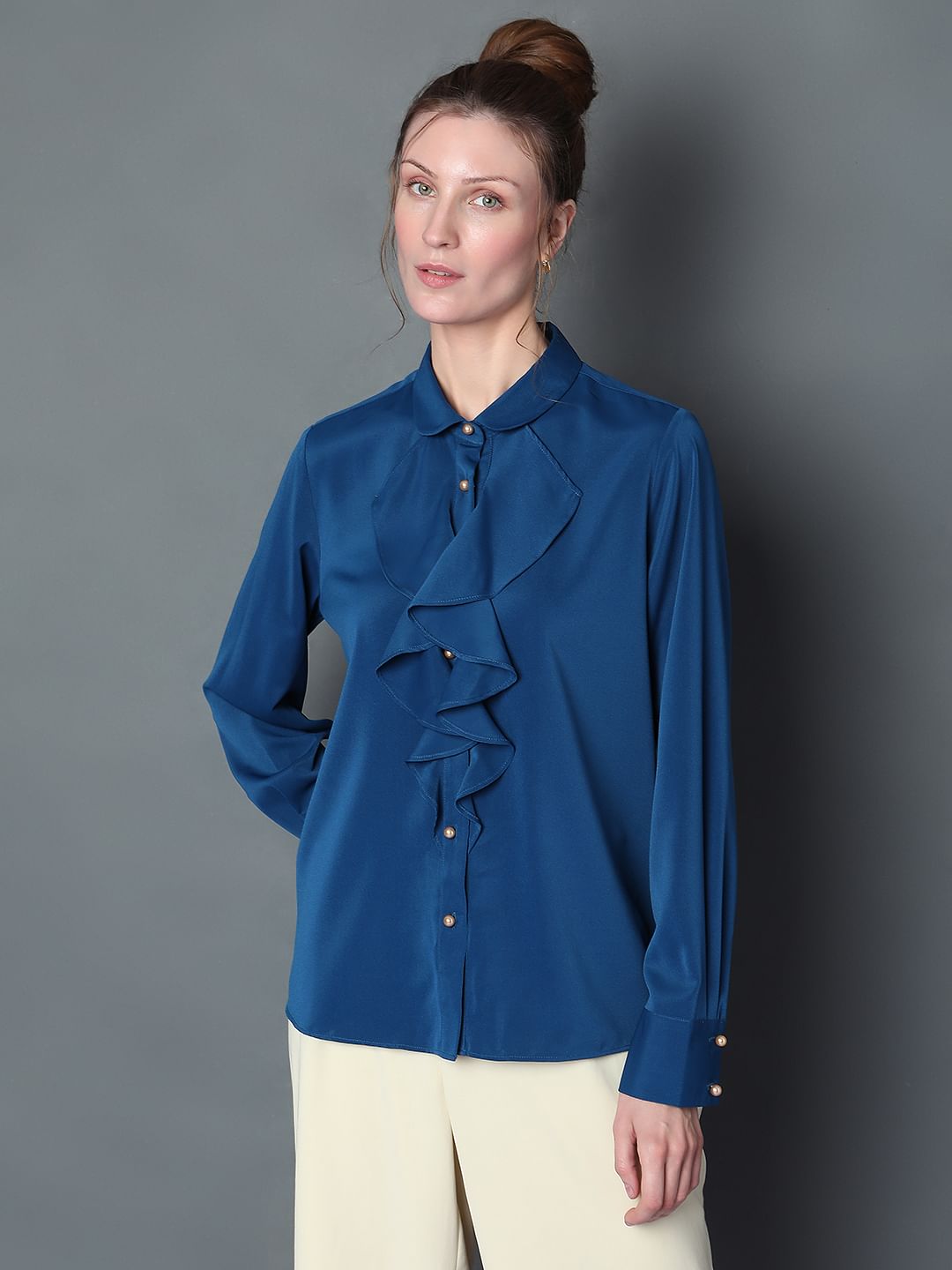 Blue Ruffle Detail Shirt