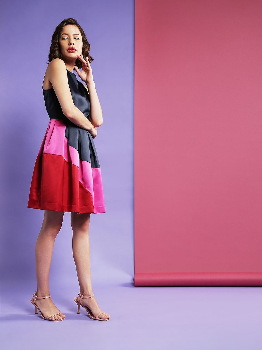 Marquee Blue Colourblocked Fit & Flare Dress