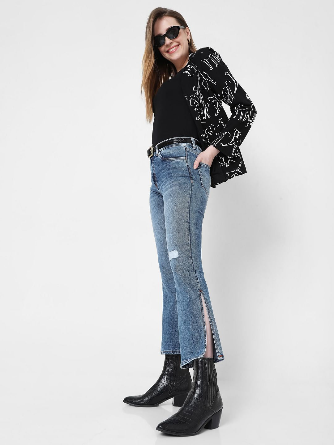 Blue High Rise Distressed Bootcut Jeans