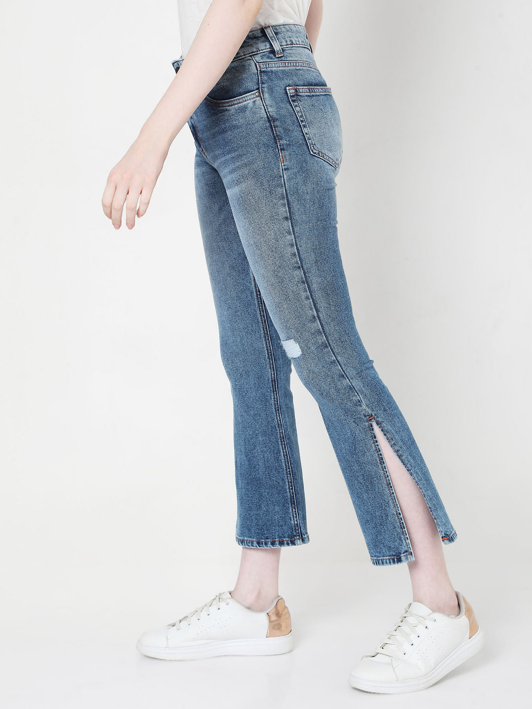 Blue High Rise Distressed Bootcut Jeans