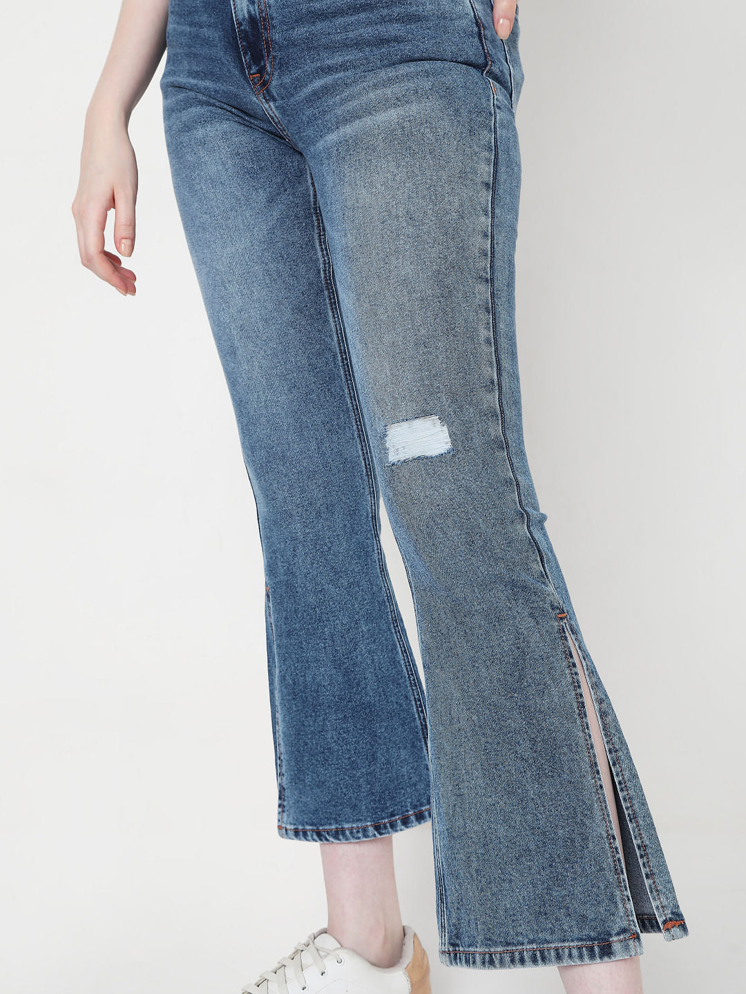 Blue High Rise Distressed Bootcut Jeans
