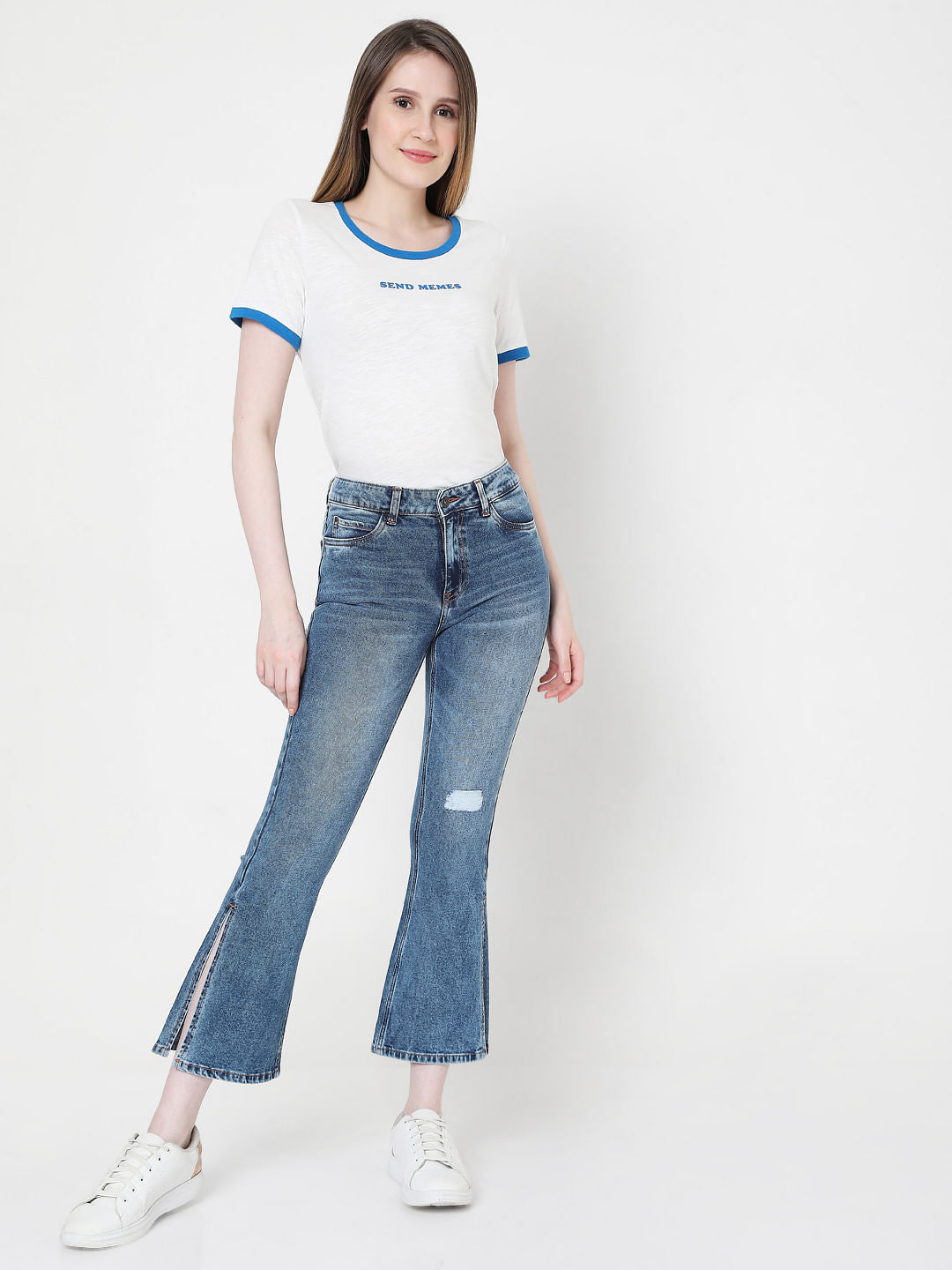 Blue High Rise Distressed Bootcut Jeans