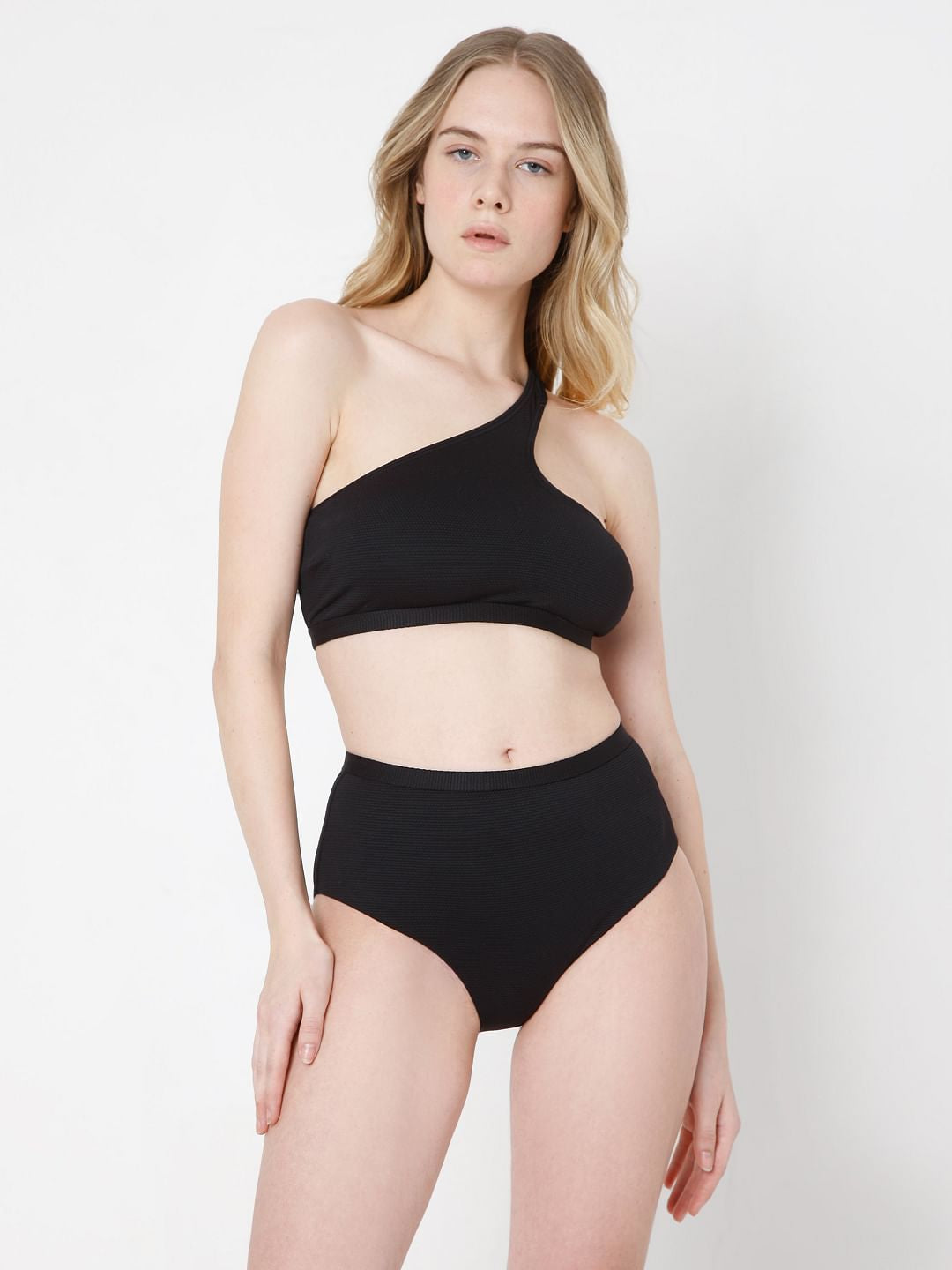 Black One Shoulder Co-Ord Set Swim Top