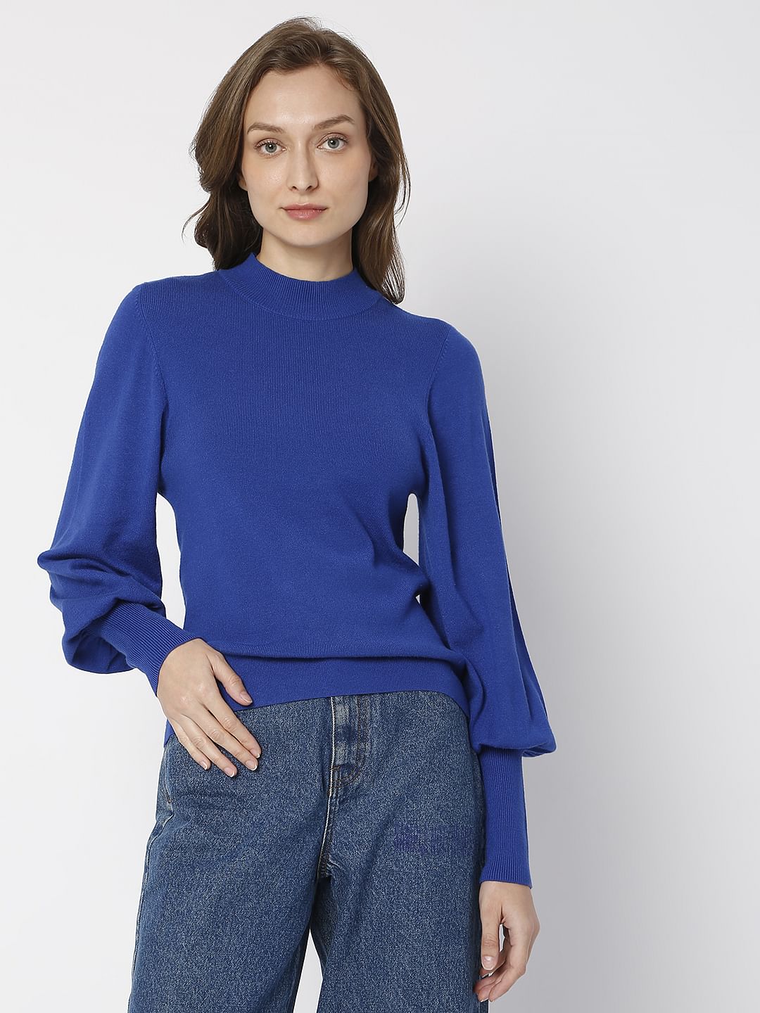 Blue Puff Sleeves Sweater