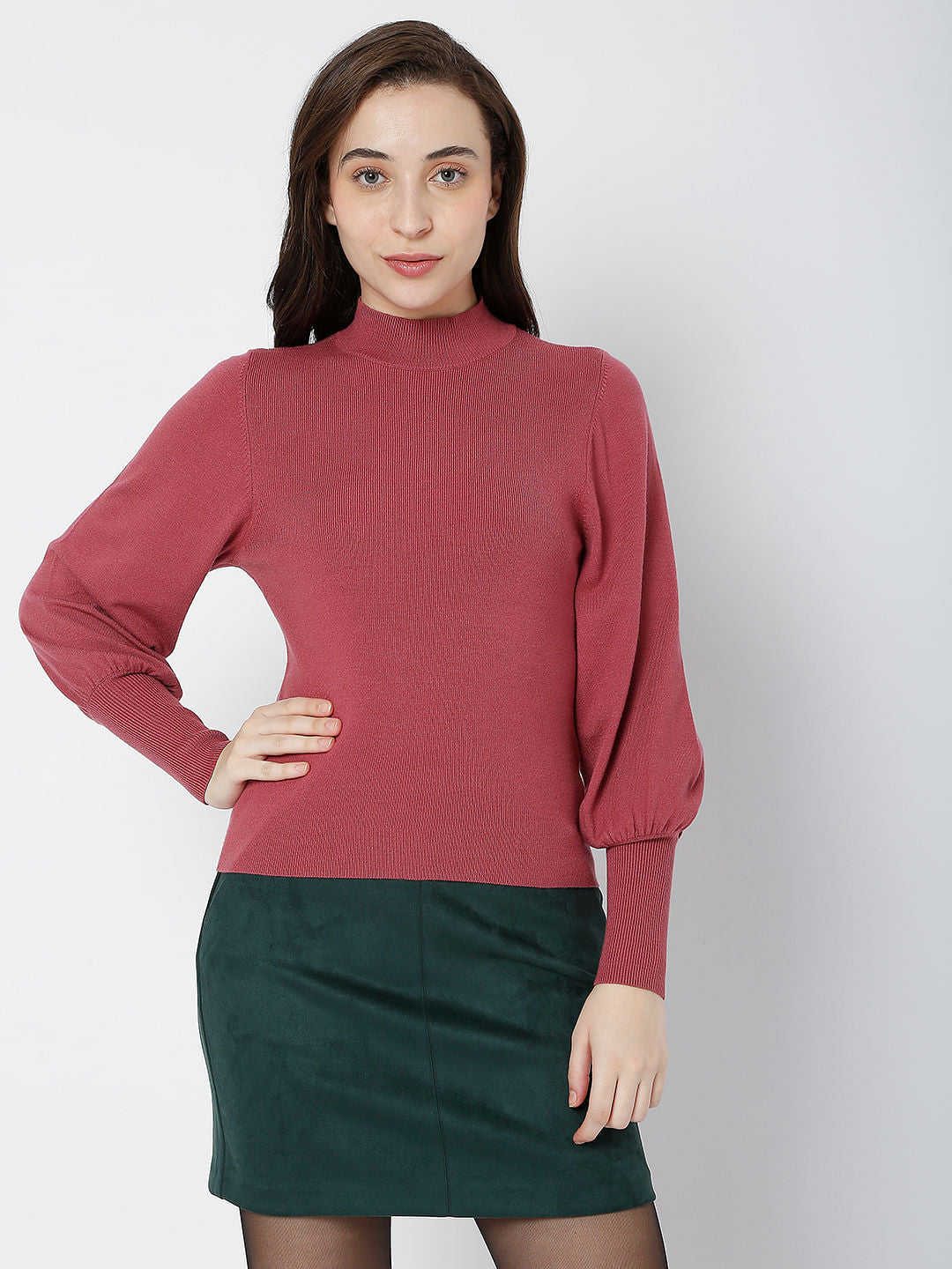 Red High Neck Puff Sleeves Top