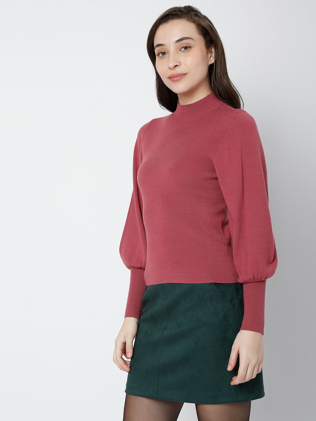 Red High Neck Puff Sleeves Top