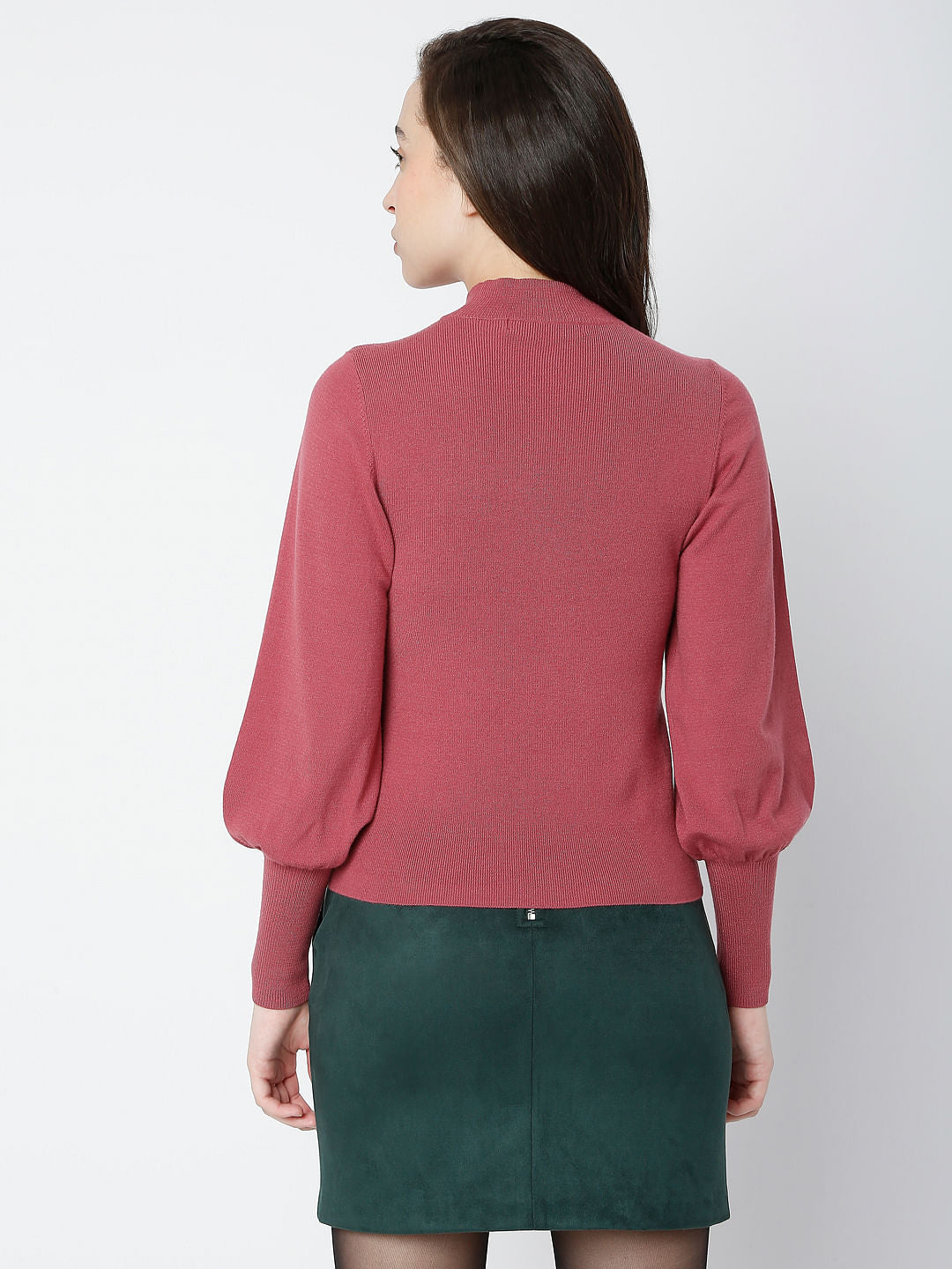 Red High Neck Puff Sleeves Top