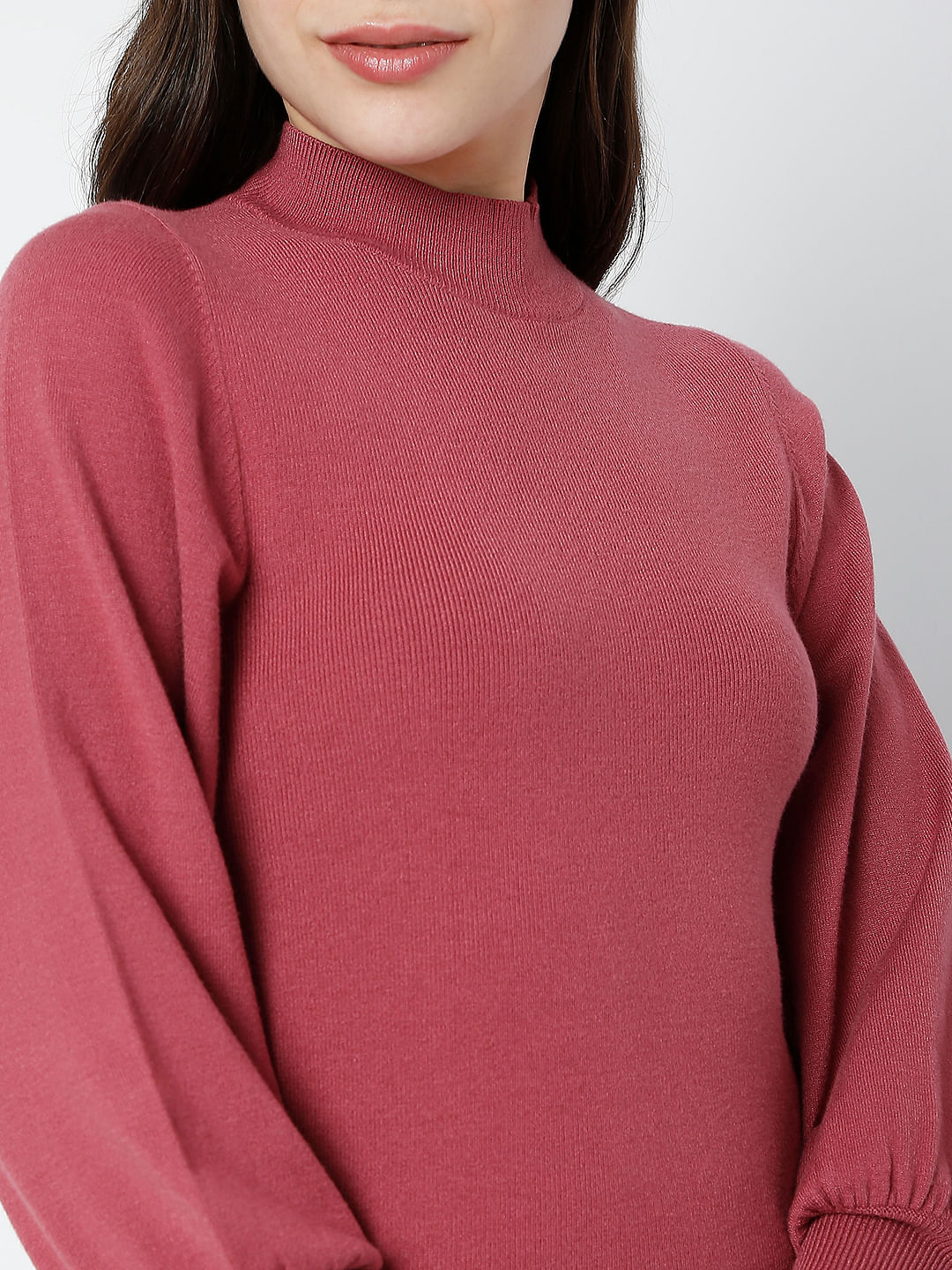 Red High Neck Puff Sleeves Top