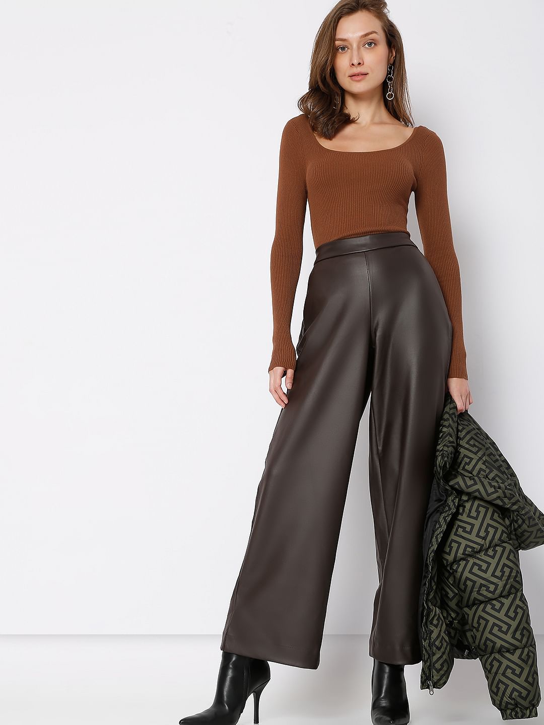Dark Brown High Rise Wide Leg Pants