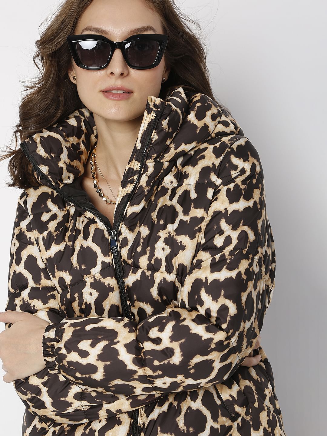 Brown Animal Print Puffer Jacket