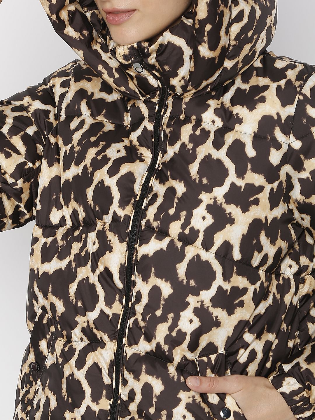 Brown Animal Print Puffer Jacket