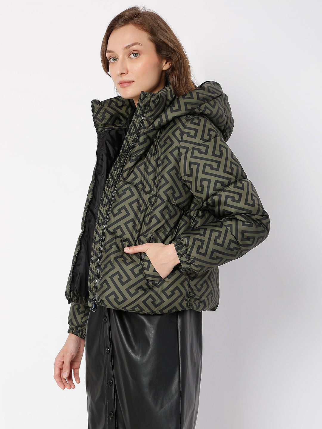 Green Geometric Print Puffer Jacket