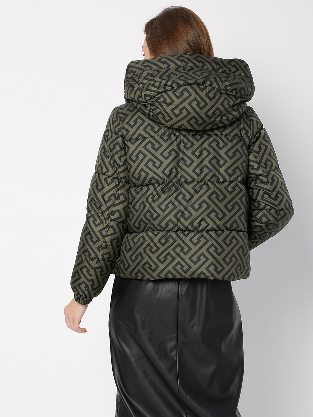 Green Geometric Print Puffer Jacket