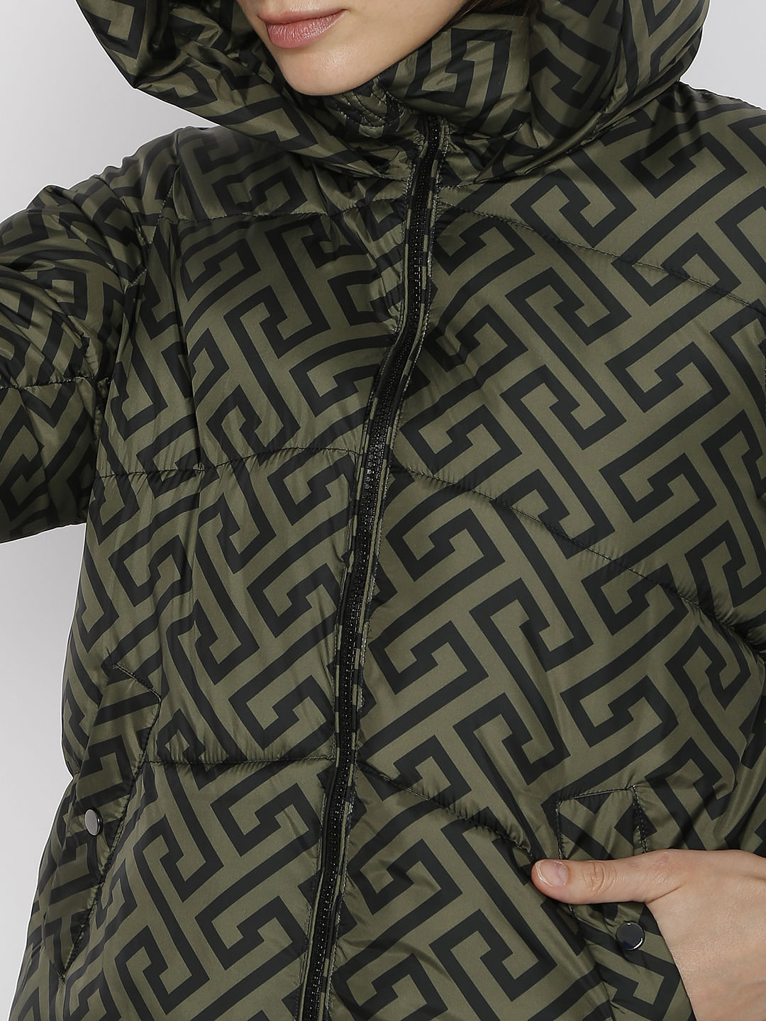 Green Geometric Print Puffer Jacket