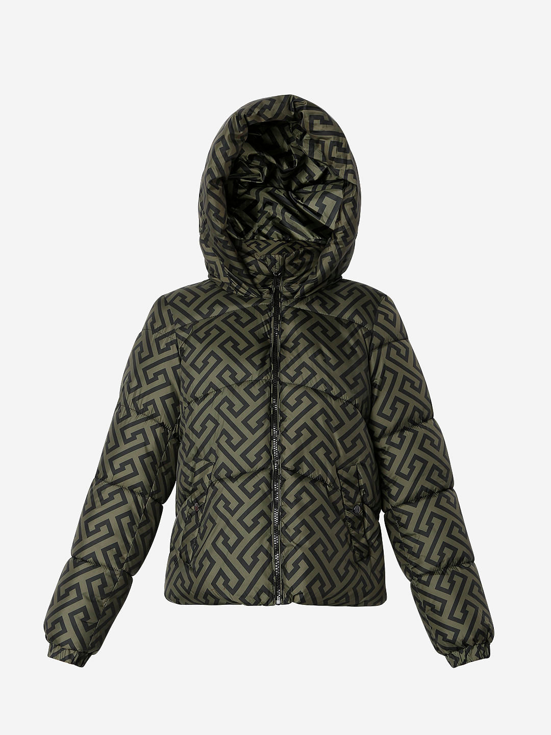 Green Geometric Print Puffer Jacket
