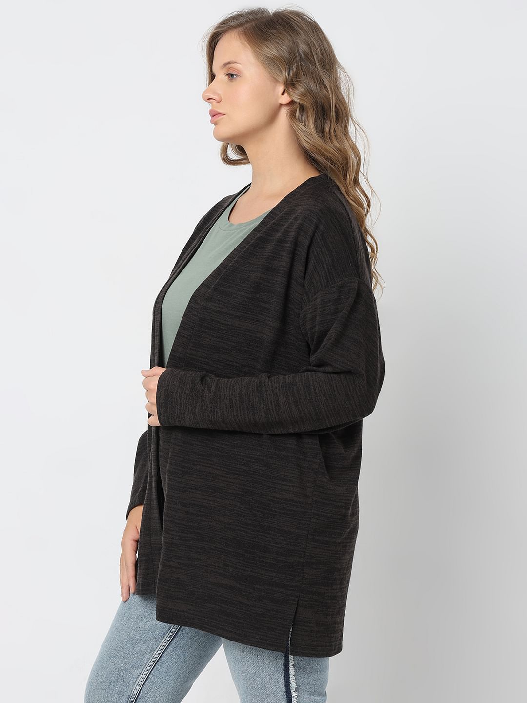 Curve Black Melange Front Open Cardigan