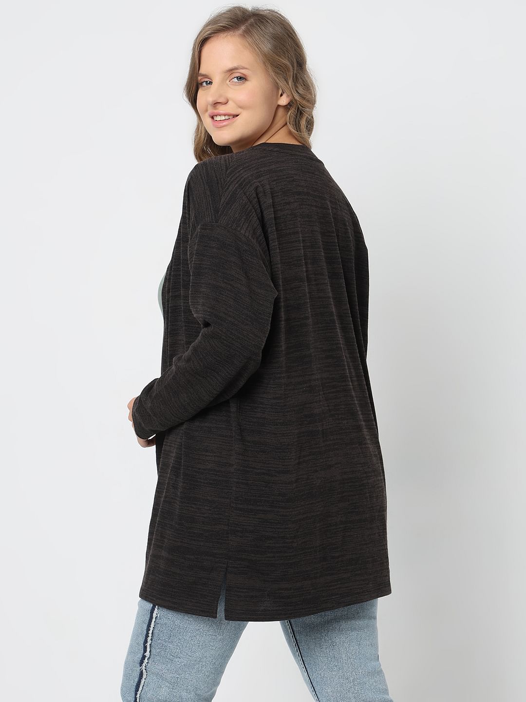 Curve Black Melange Front Open Cardigan