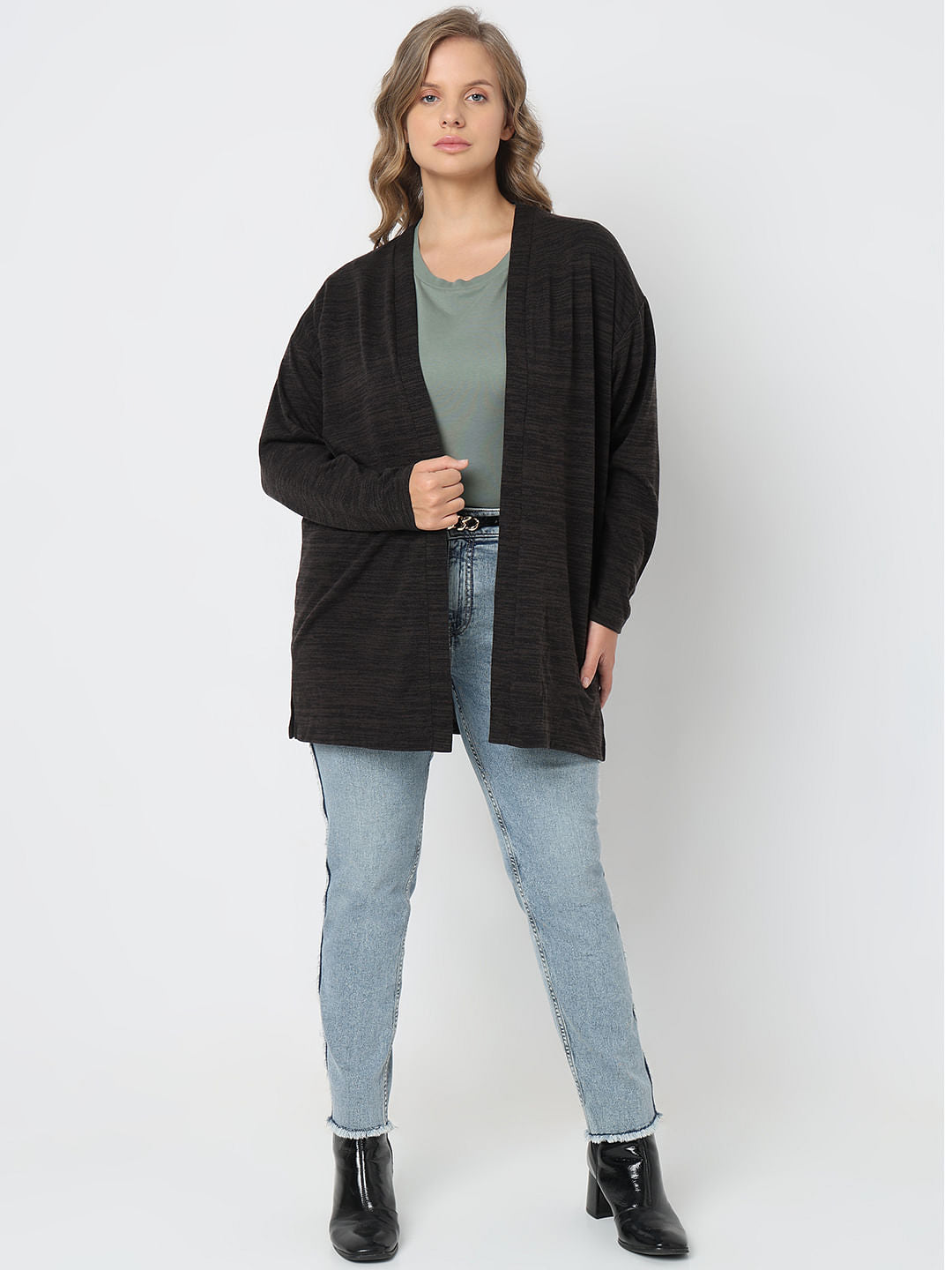 Curve Black Melange Front Open Cardigan