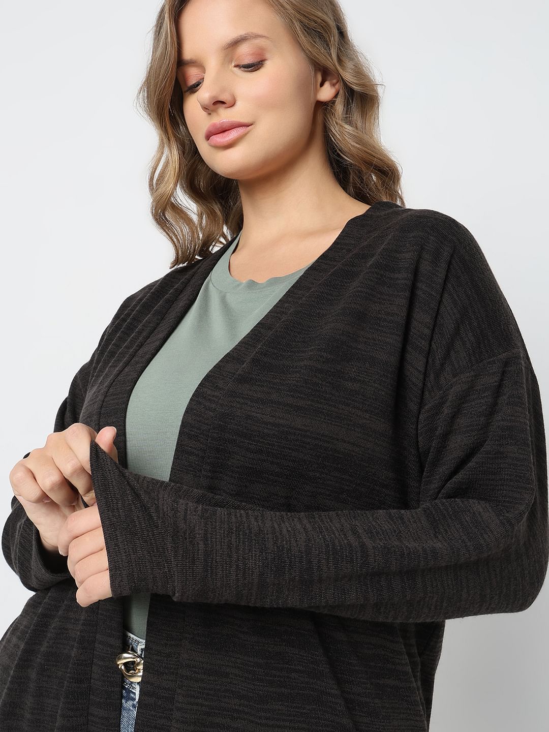 Curve Black Melange Front Open Cardigan