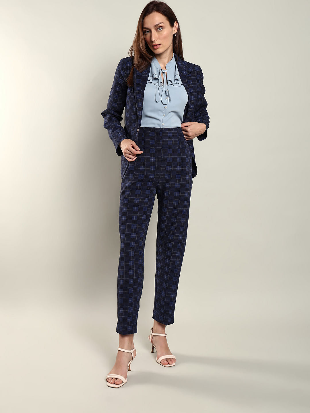 Navy Blue High Rise Check Pants