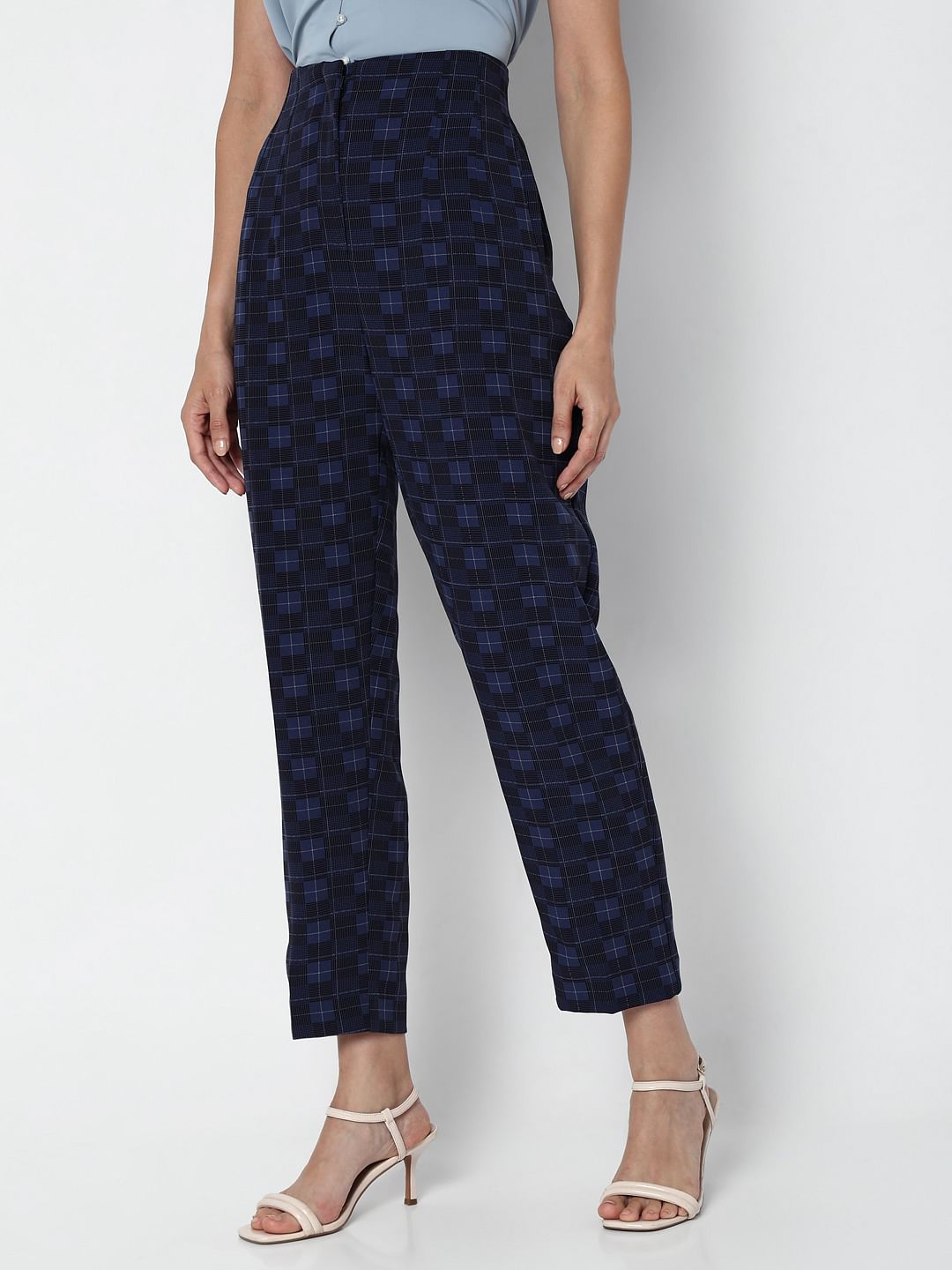 Navy Blue High Rise Check Pants