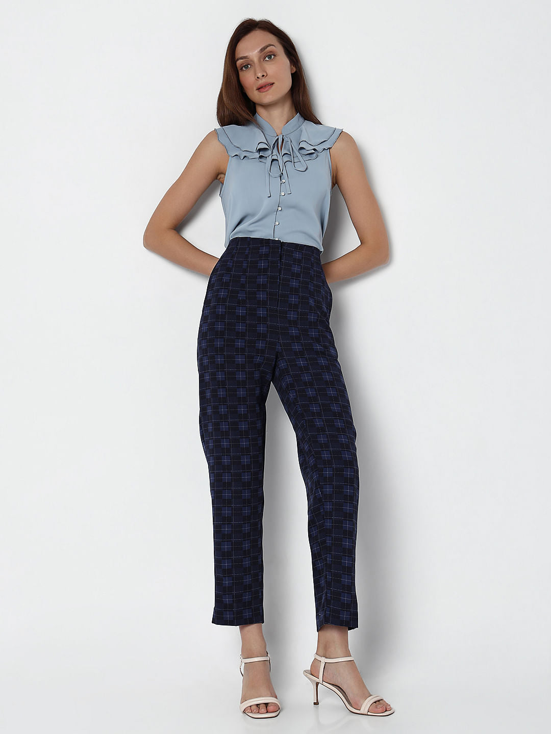 Navy Blue High Rise Check Pants