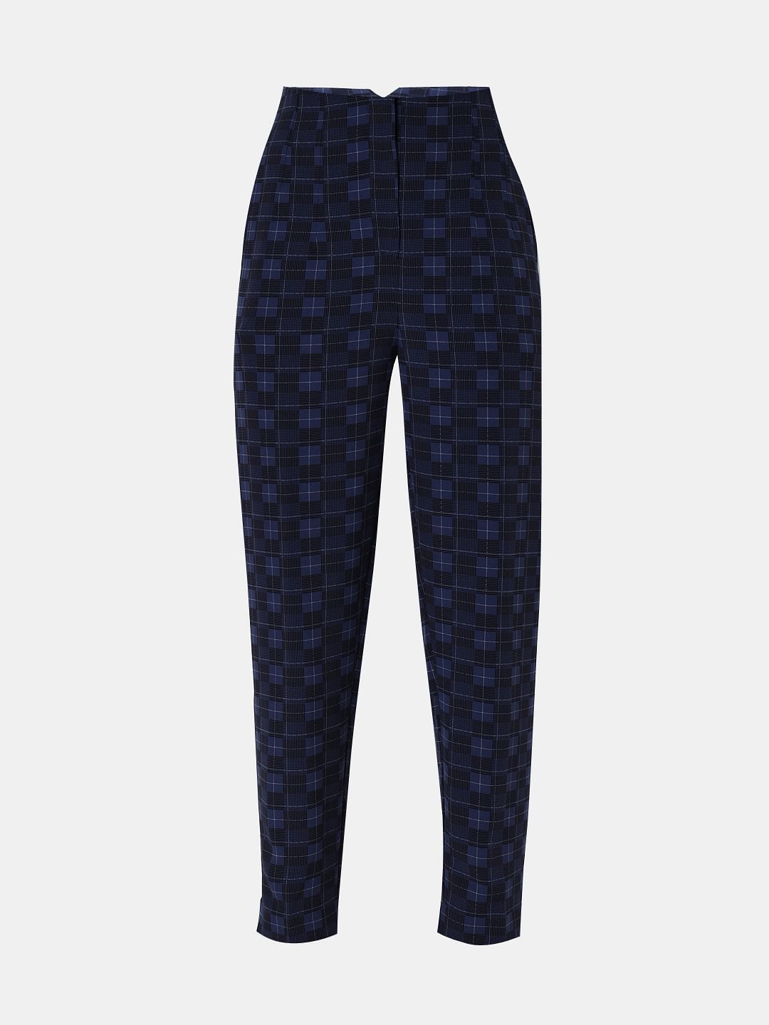 Navy Blue High Rise Check Pants