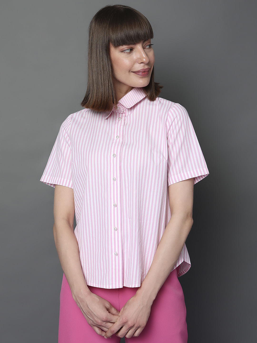 Pink Striped Short Sleeves Shirt
