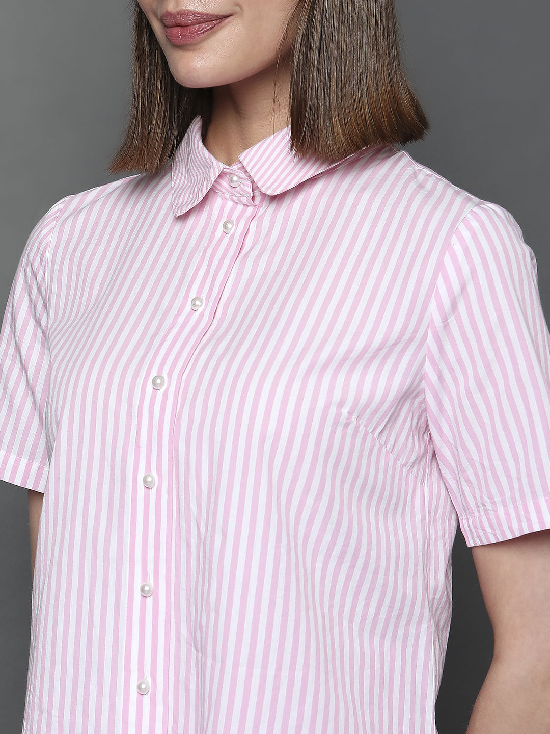 Pink Striped Short Sleeves Shirt