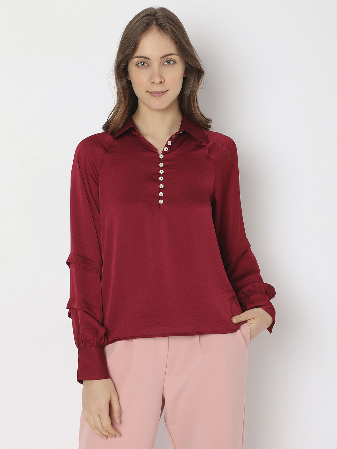Maroon Pleated Sleeves Shirt