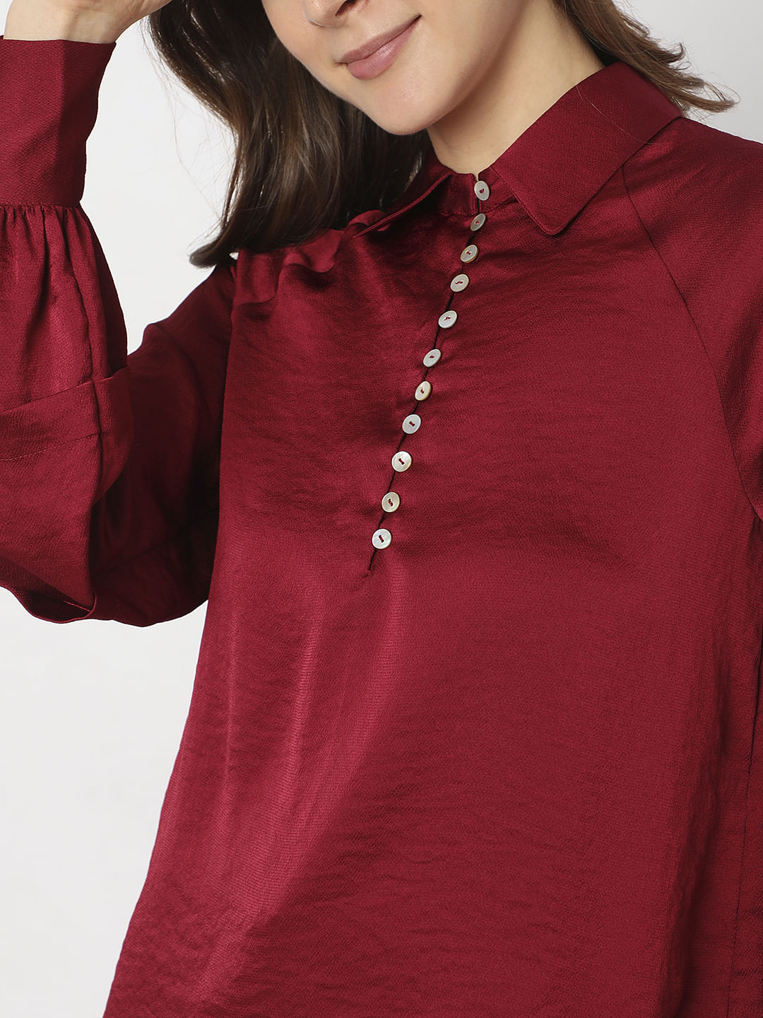 Maroon Pleated Sleeves Shirt