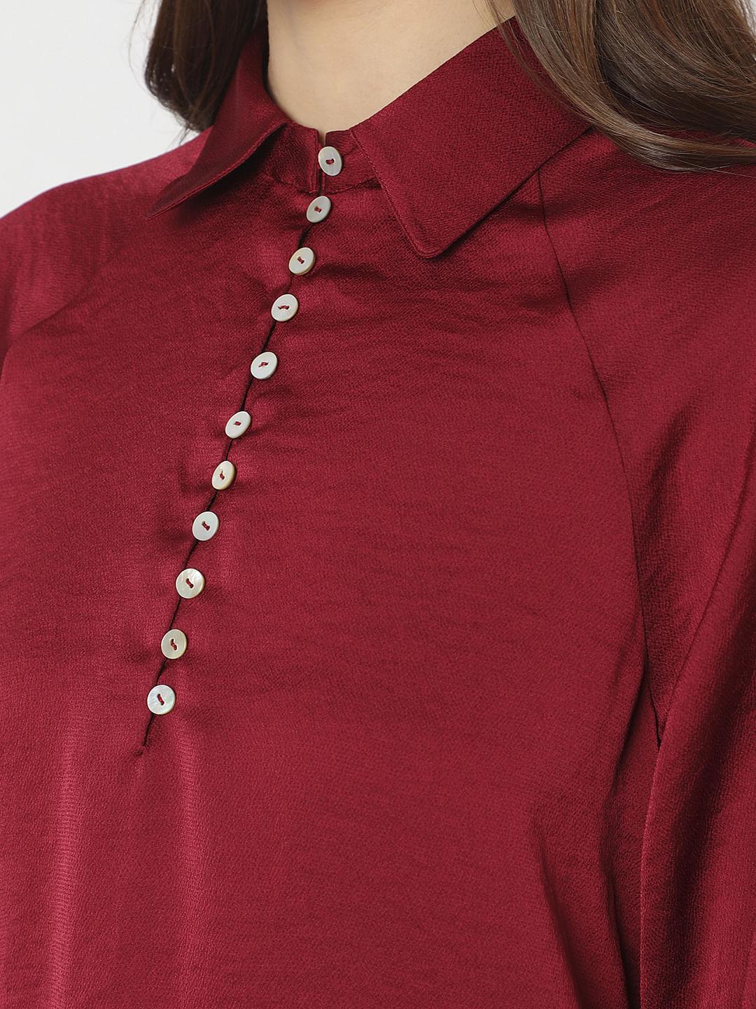 Maroon Pleated Sleeves Shirt