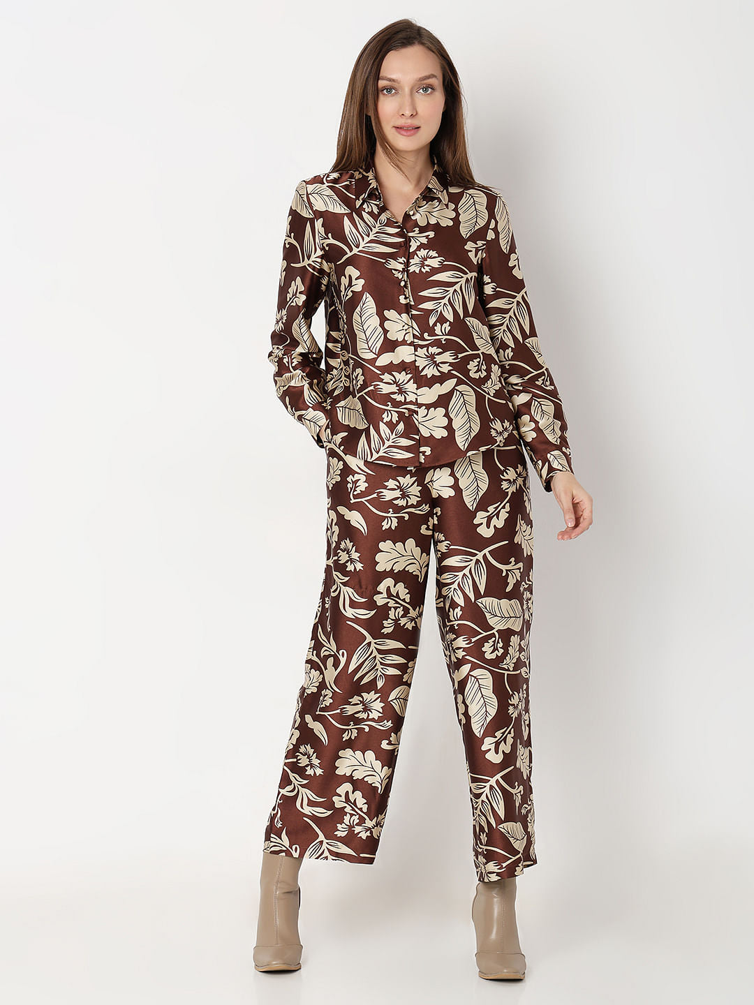 Brown Printed Satin Co-Ord Set Shirt