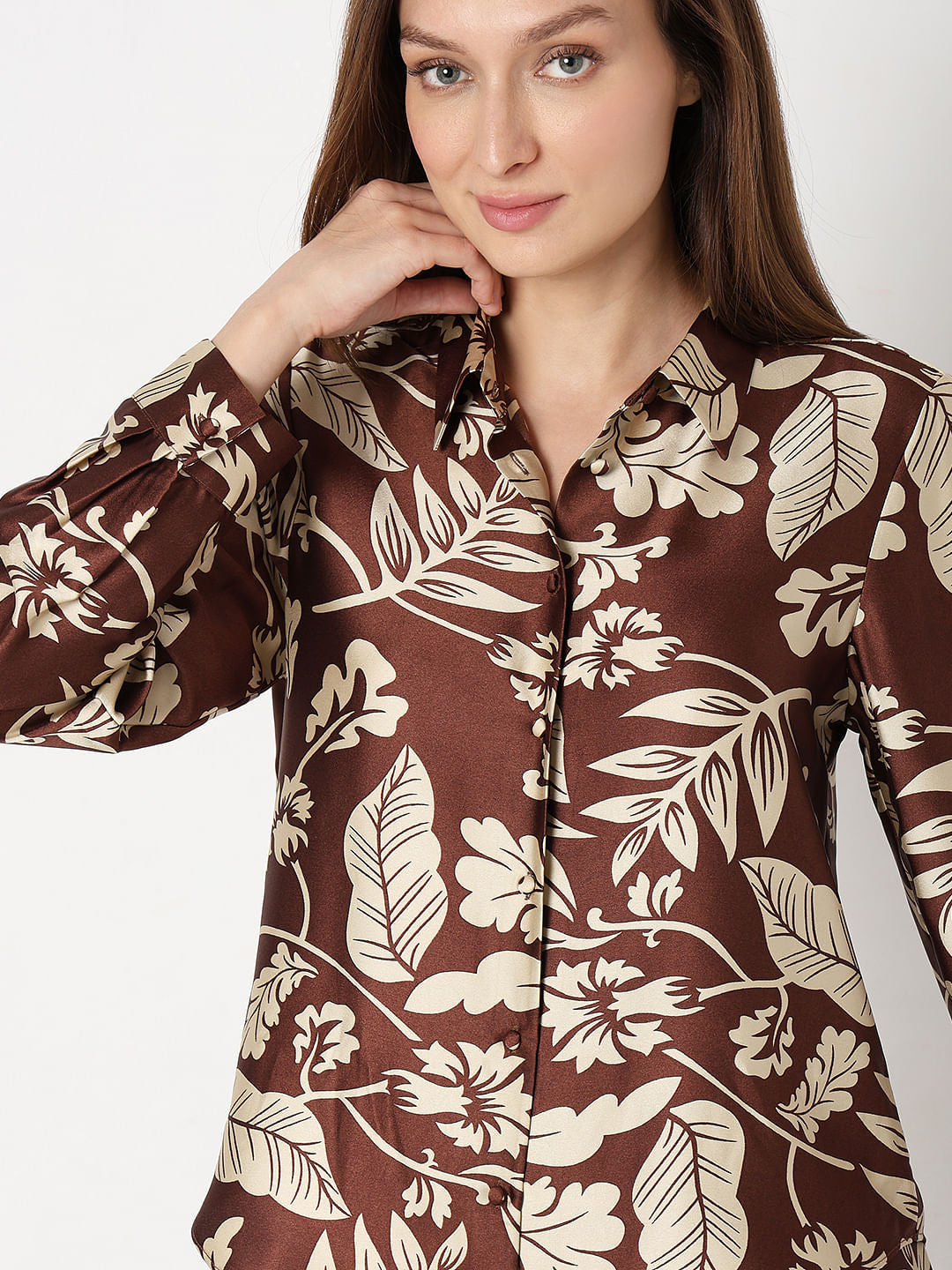 Brown Printed Satin Co-Ord Set Shirt
