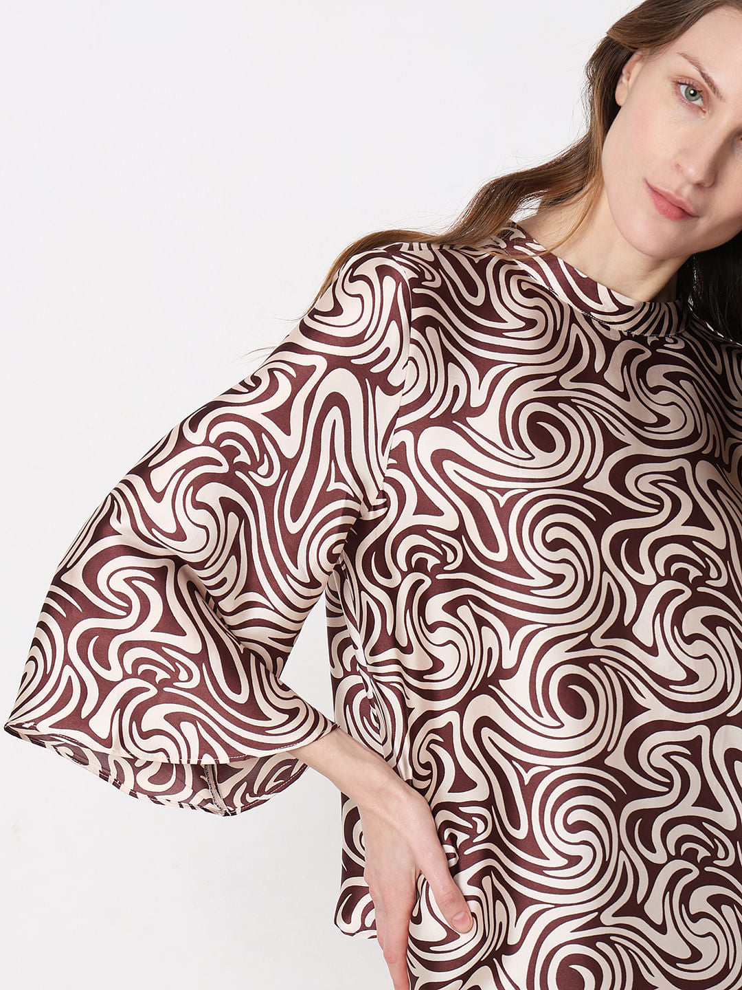 Brown & White Printed Top