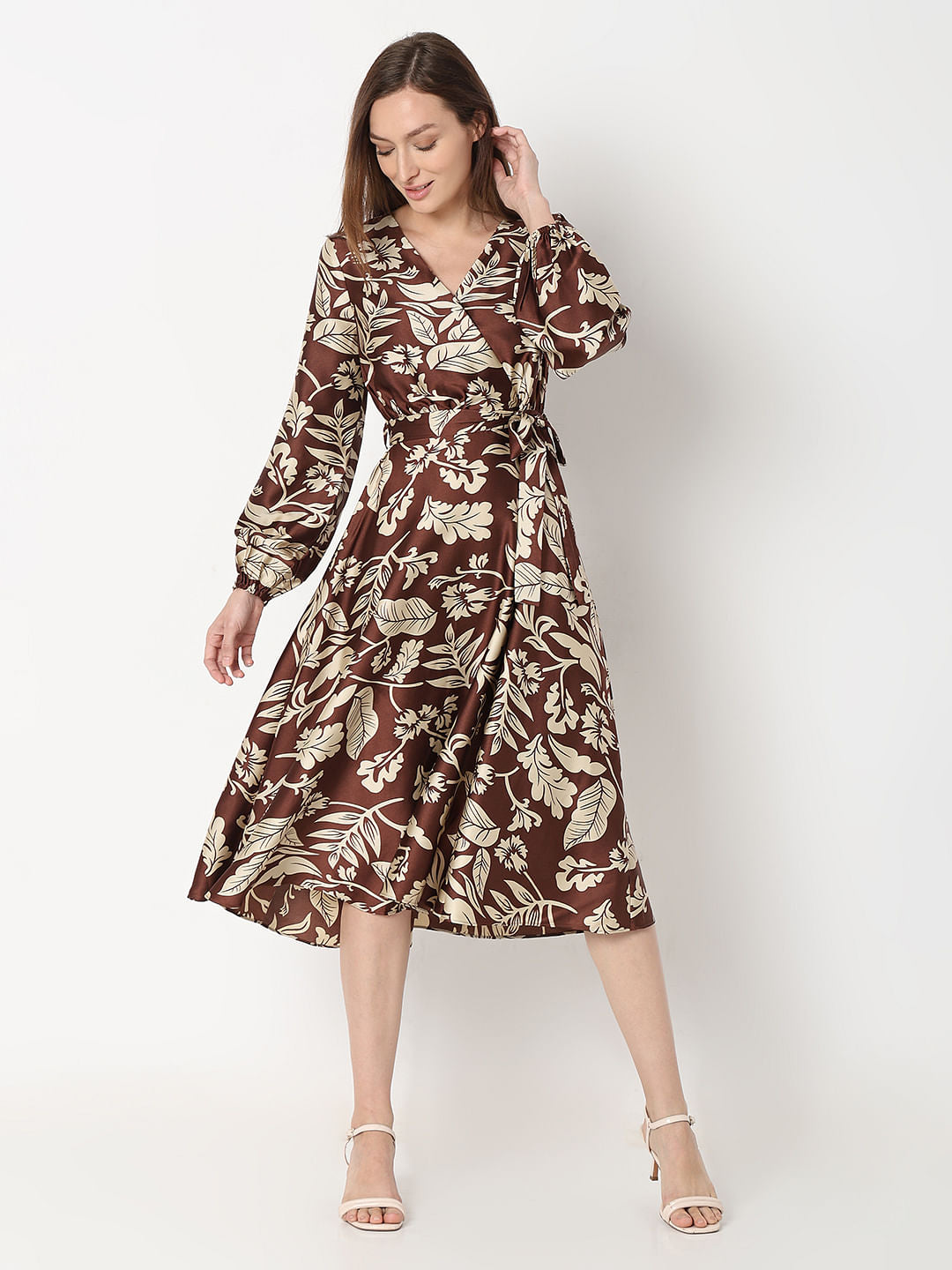 Brown Leaves Print Midi Dress