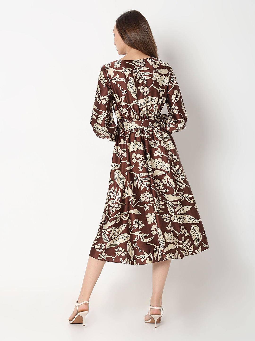 Brown Leaves Print Midi Dress