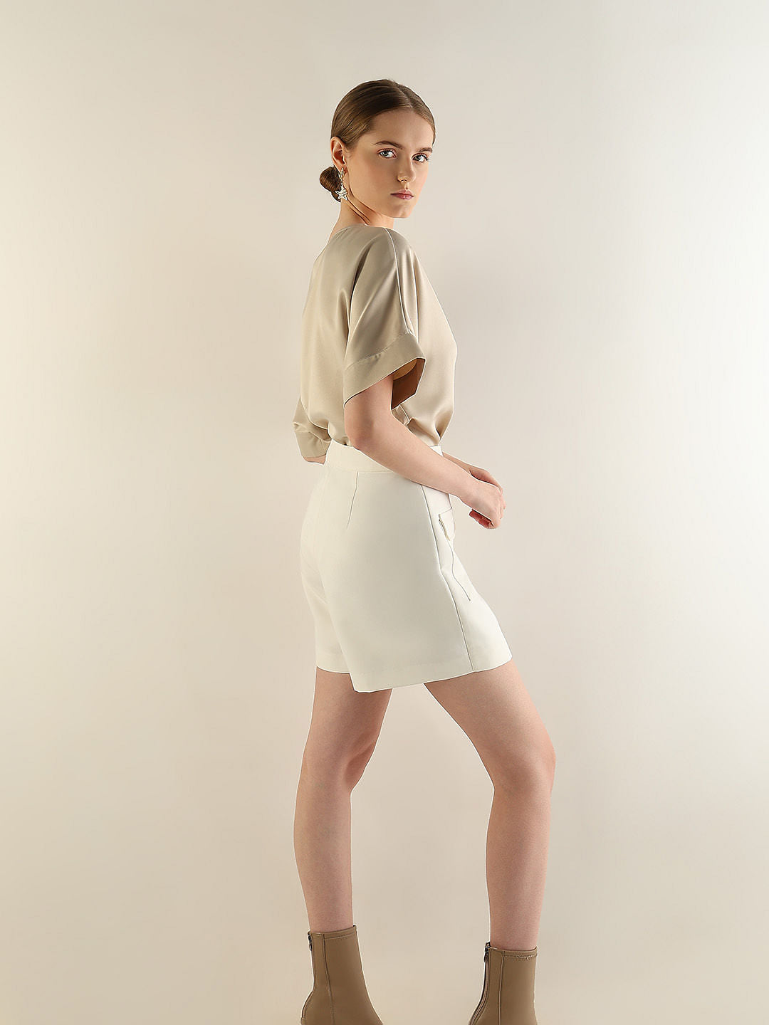 Beige Satin O-Neck Top